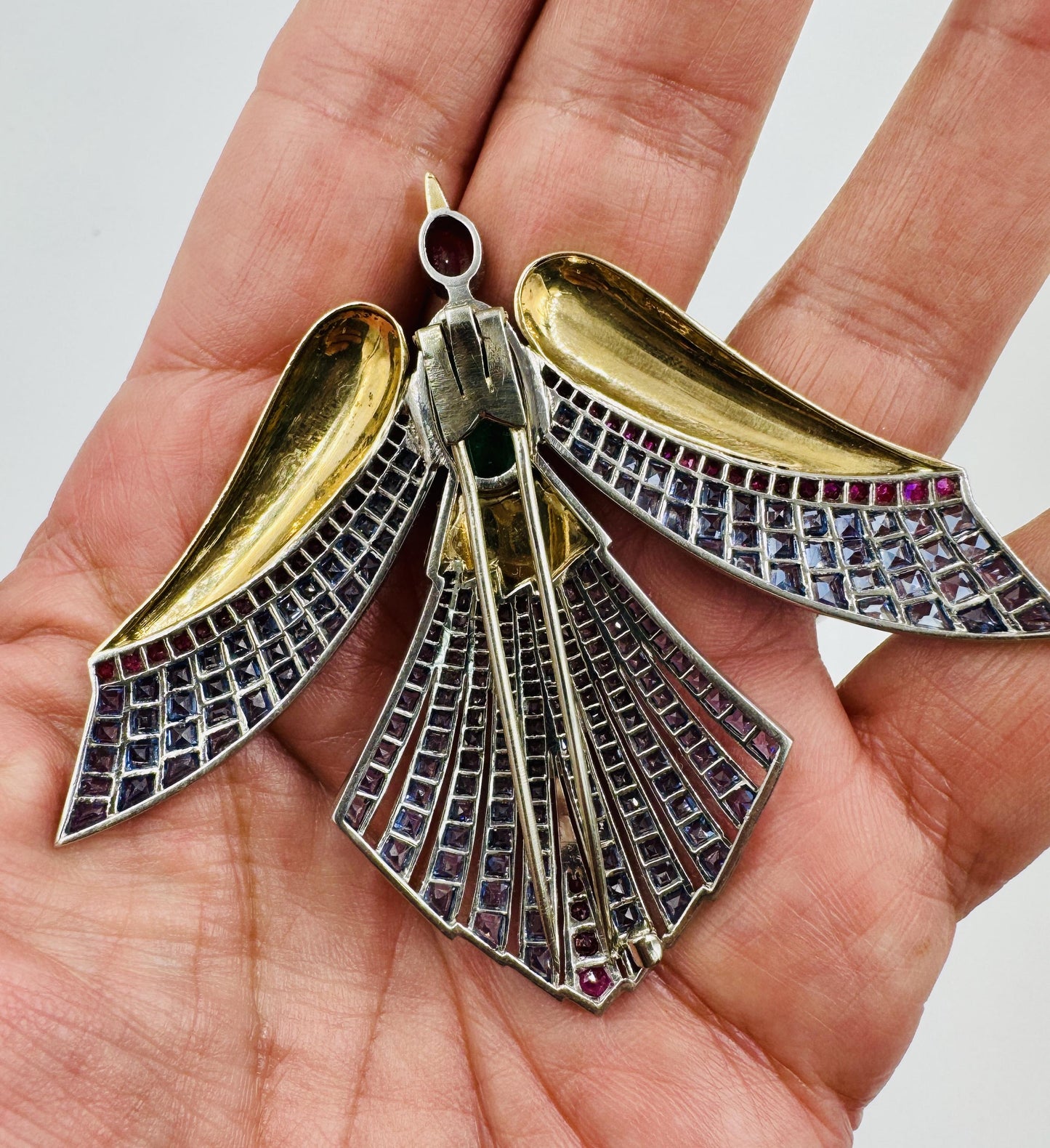 Retro Emerald Ruby Sapphire Gold Phoenix Bird Clip Brooch