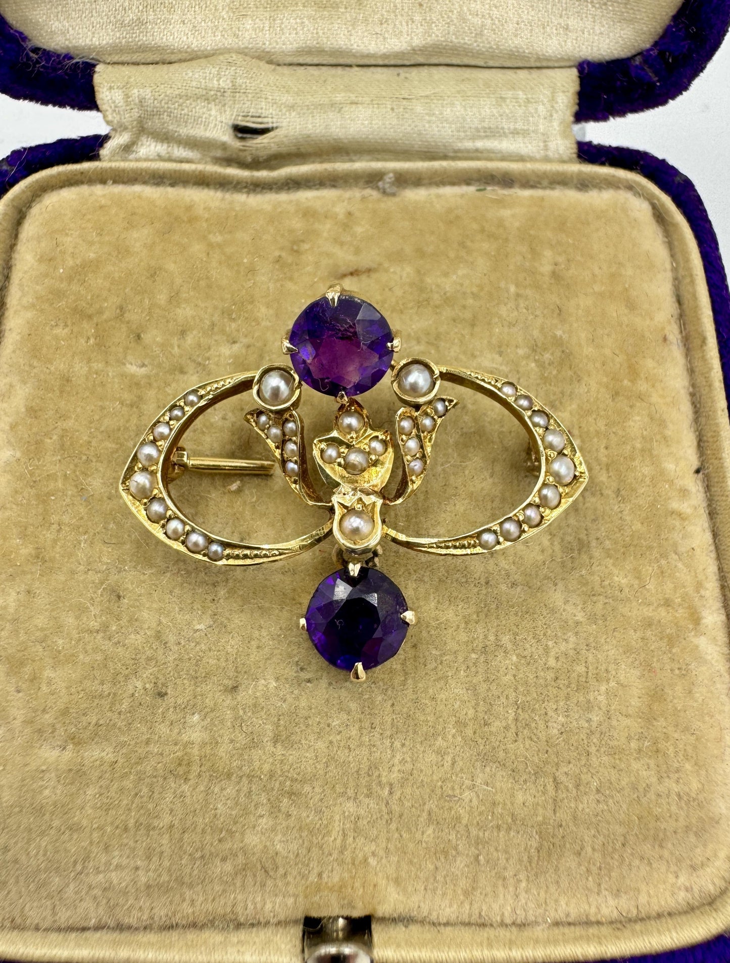 Antique 14k gold Amethyst Pearl brooch pin with box