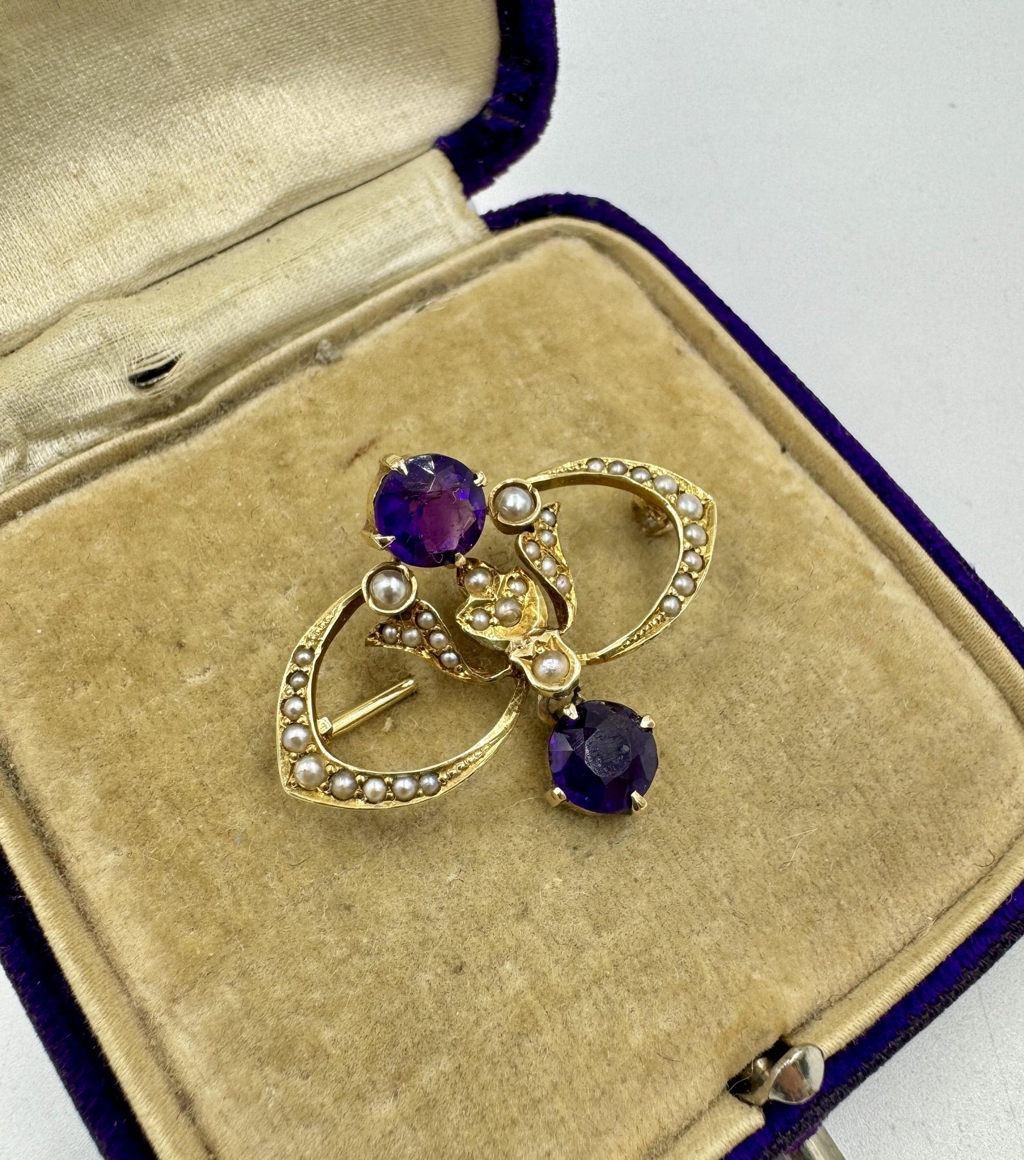 Antique 14k gold Amethyst Pearl brooch pin with box