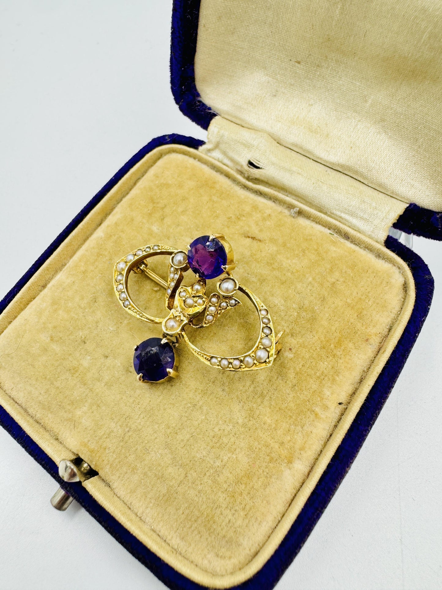 Antique 14k gold Amethyst Pearl brooch pin with box