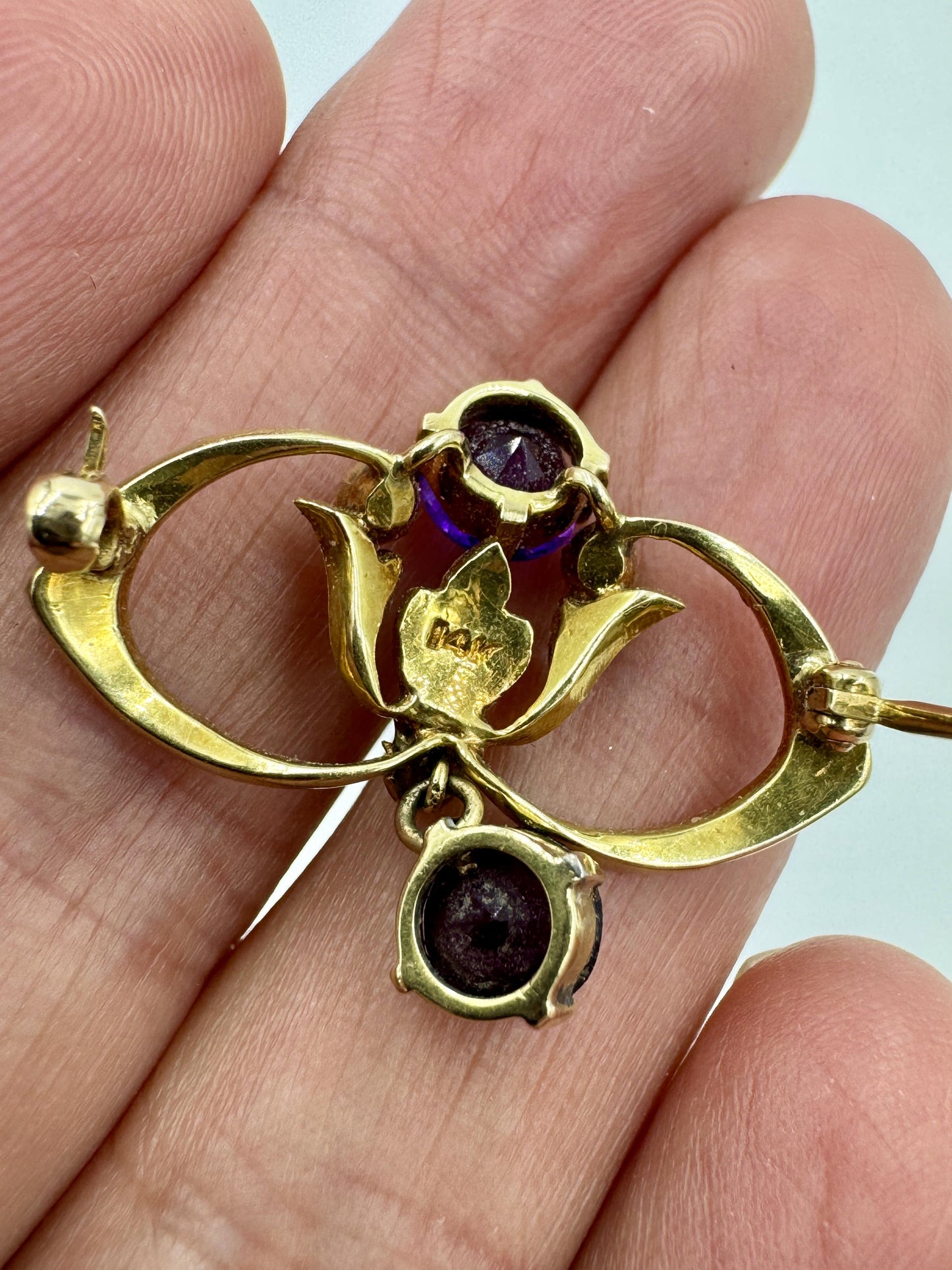 Antique 14k gold Amethyst Pearl brooch pin with box