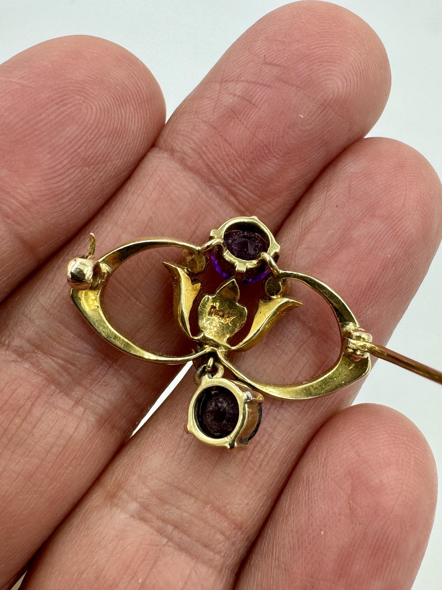 Antique 14k gold Amethyst Pearl brooch pin with box