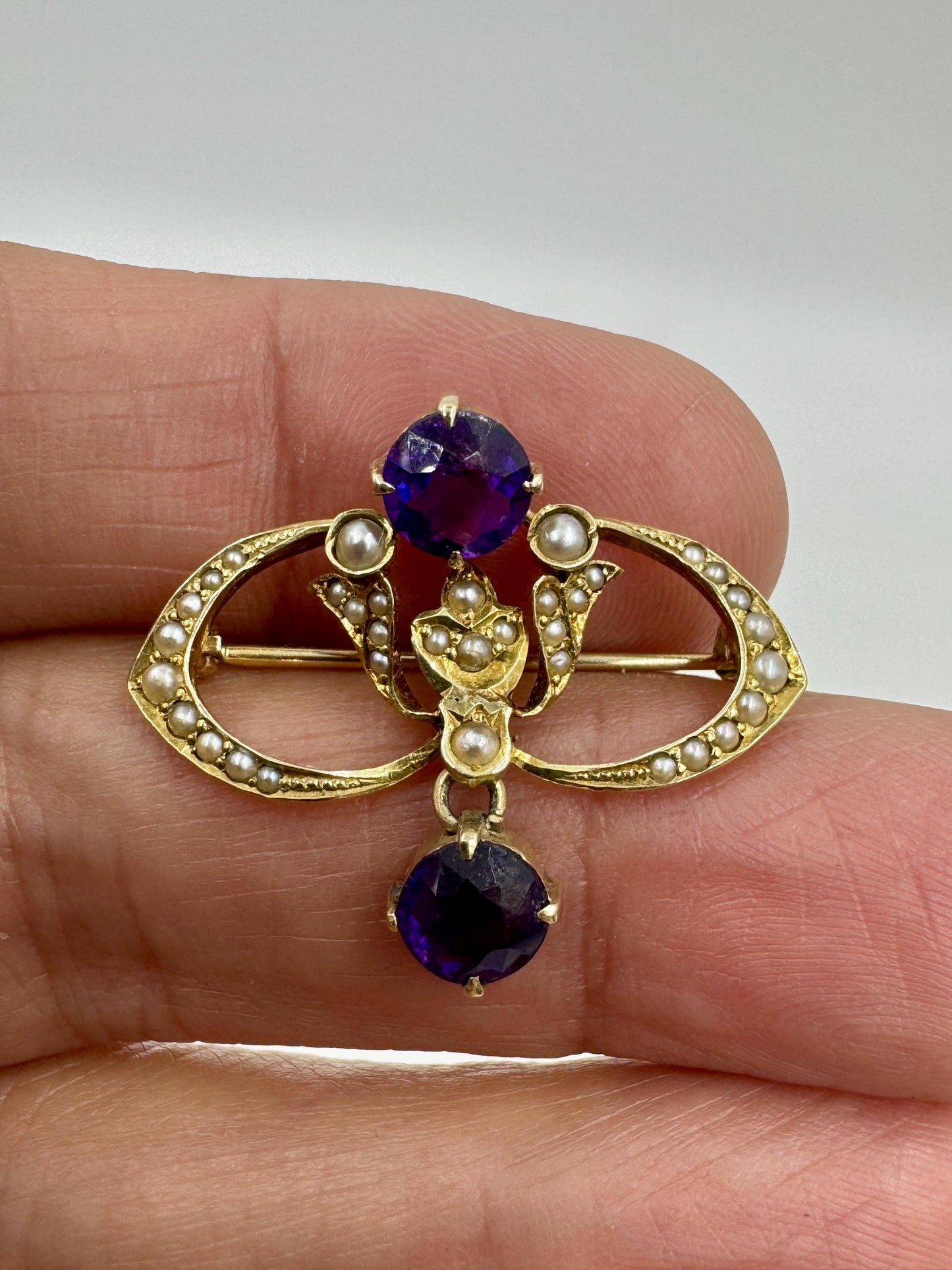 Antique 14k gold Amethyst Pearl brooch pin with box