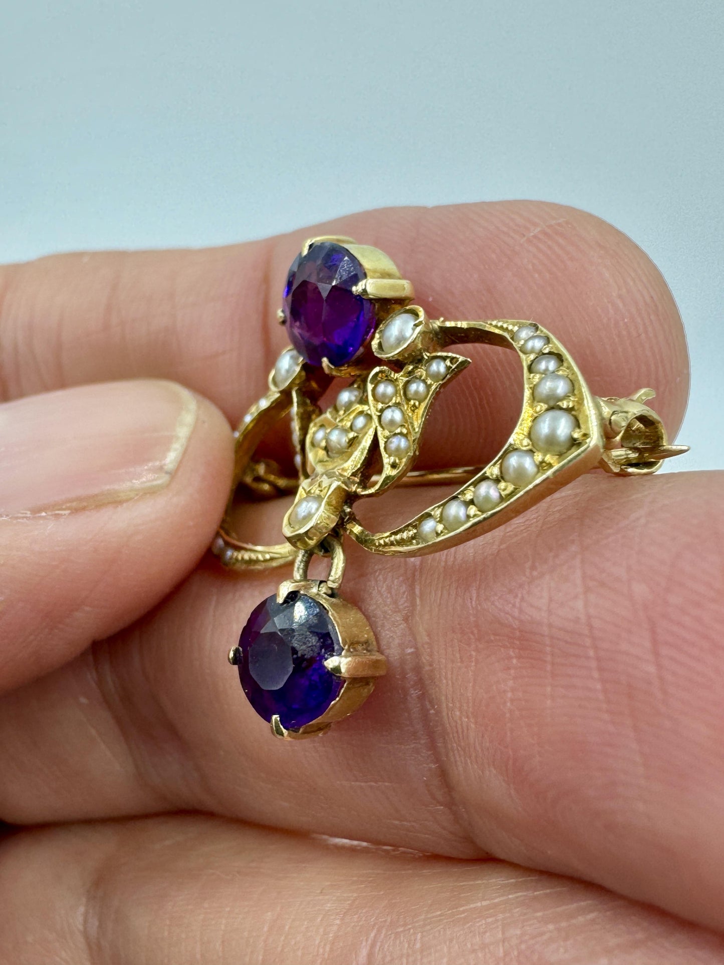 Antique 14k gold Amethyst Pearl brooch pin with box