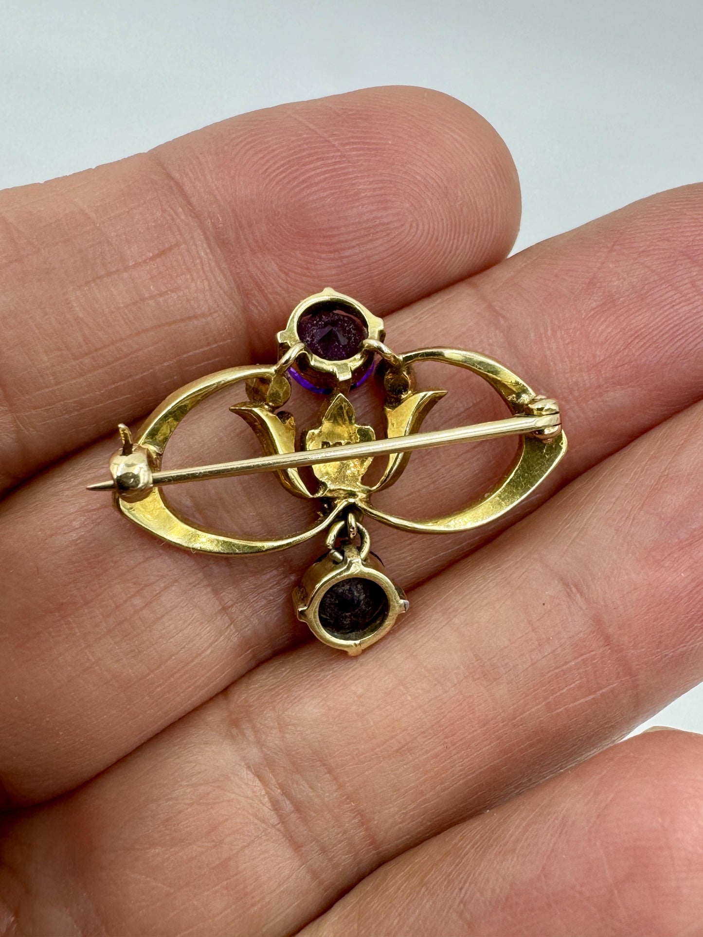 Antique 14k gold Amethyst Pearl brooch pin with box