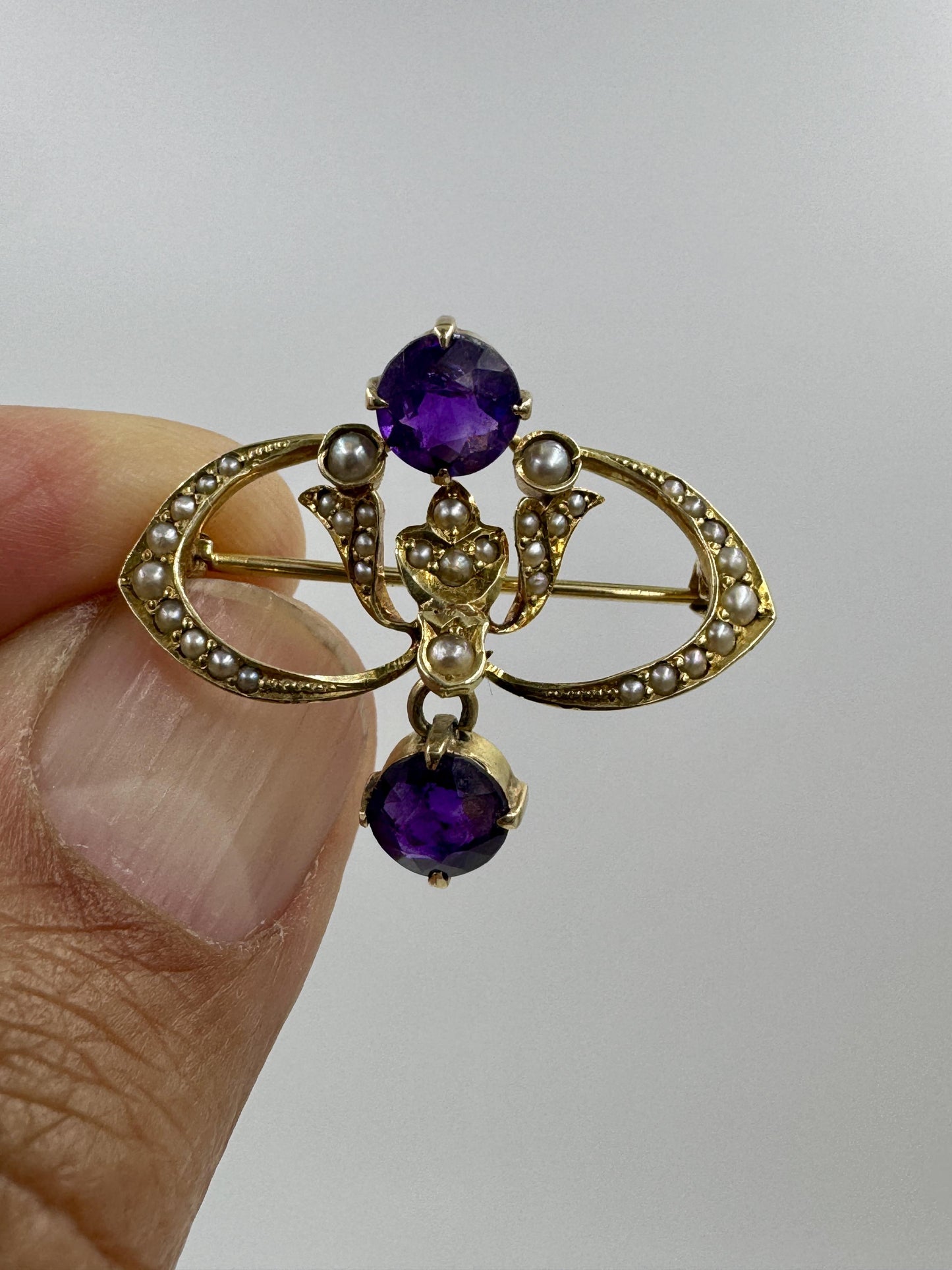 Antique 14k gold Amethyst Pearl brooch pin with box