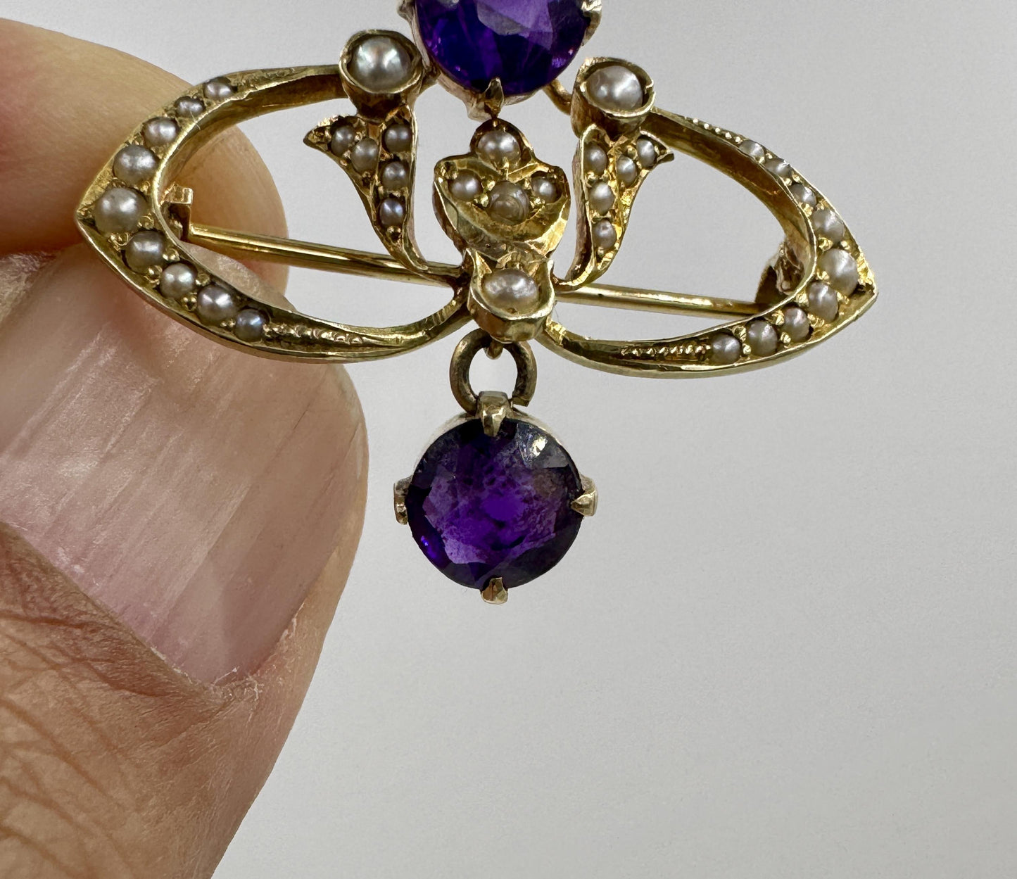 Antique 14k gold Amethyst Pearl brooch pin with box