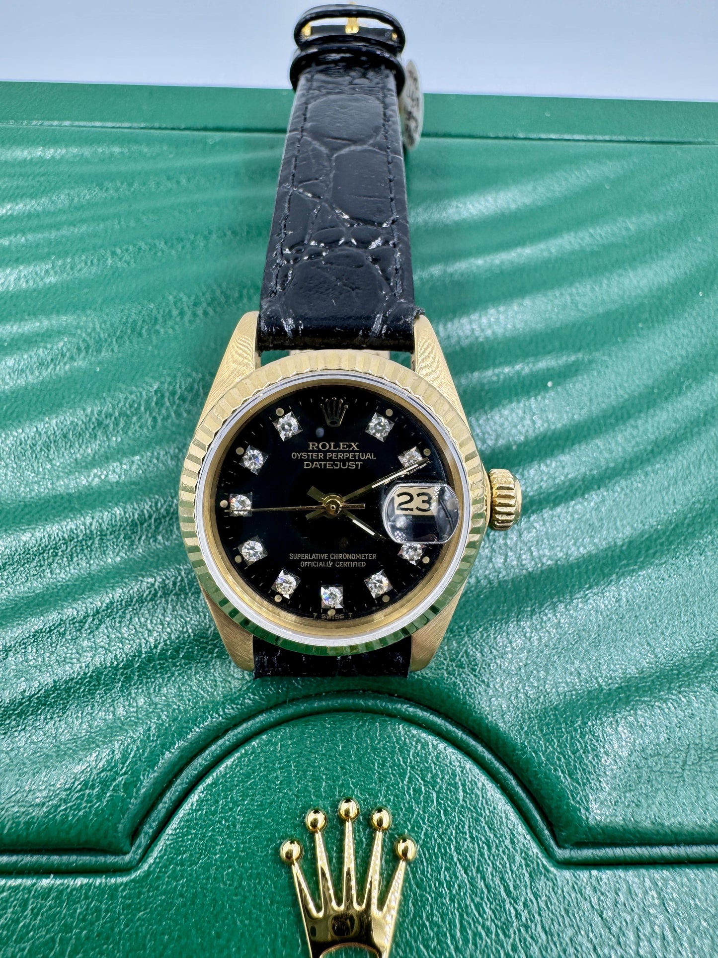 Lady Rolex Datejust Solid 18K Yellow Gold Watch Leather Band Diamond Dial 6917