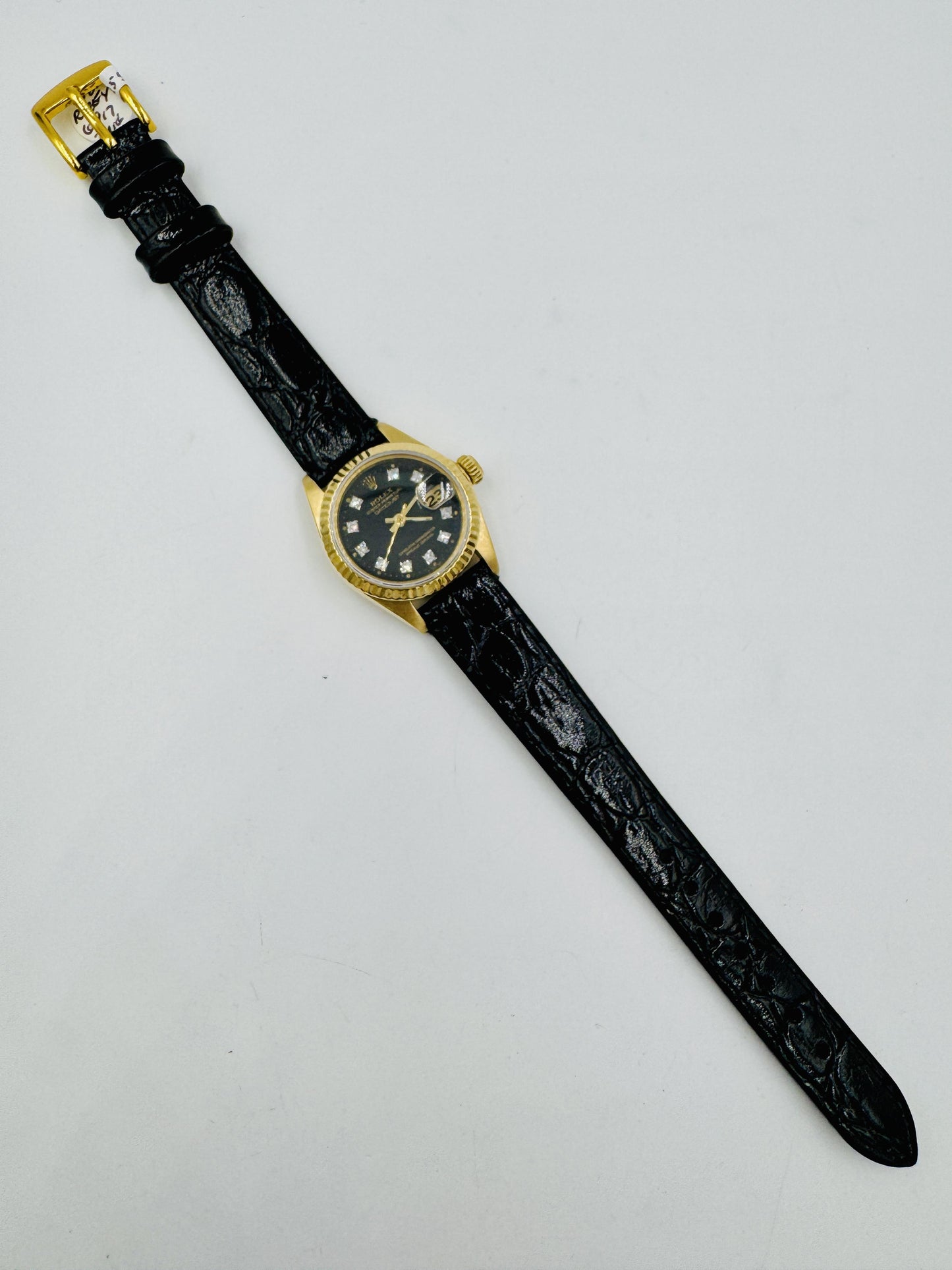 Lady Rolex Datejust Solid 18K Yellow Gold Watch Leather Band Diamond Dial 6917