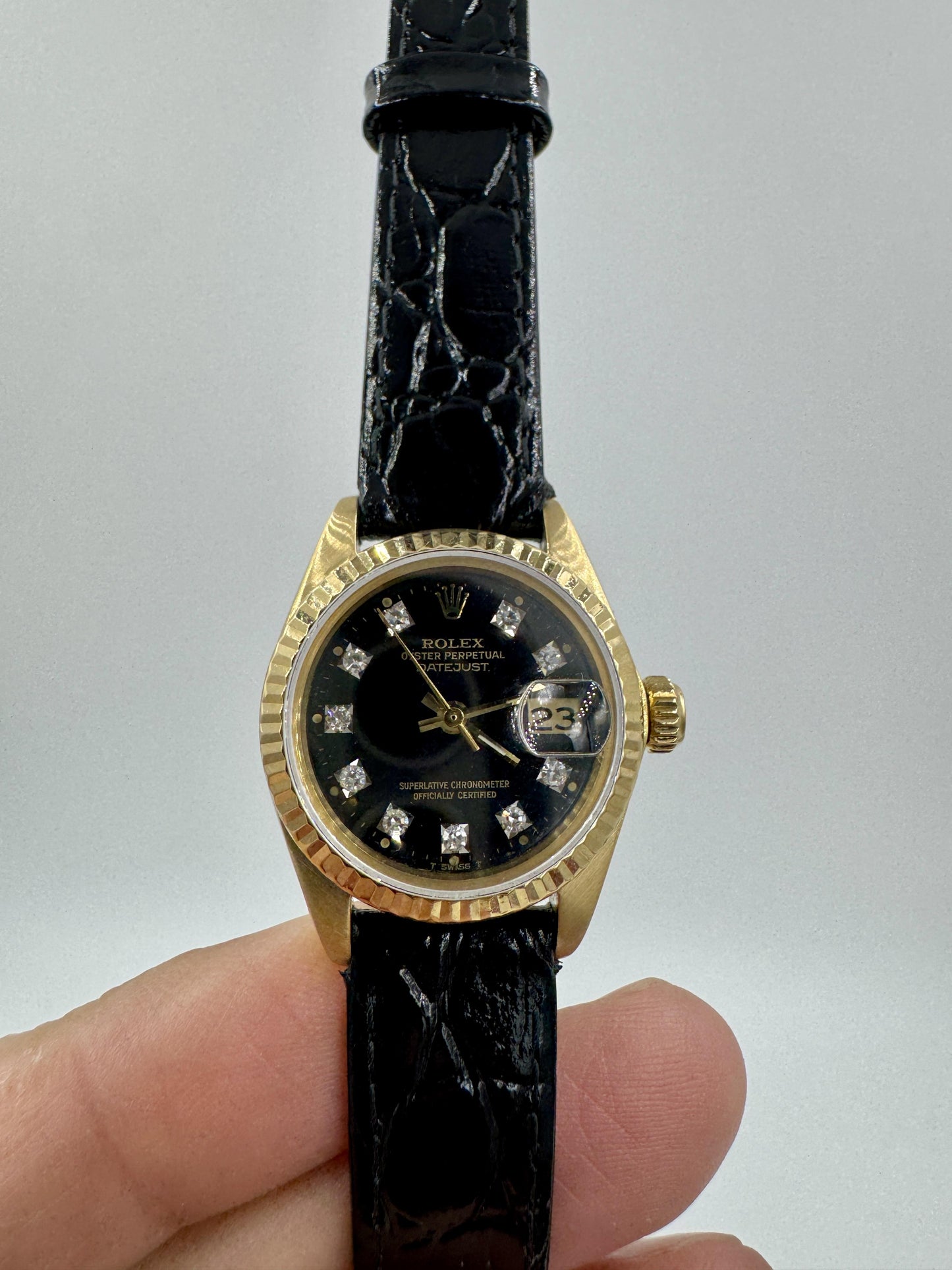 Lady Rolex Datejust Solid 18K Yellow Gold Watch Leather Band Diamond Dial 6917