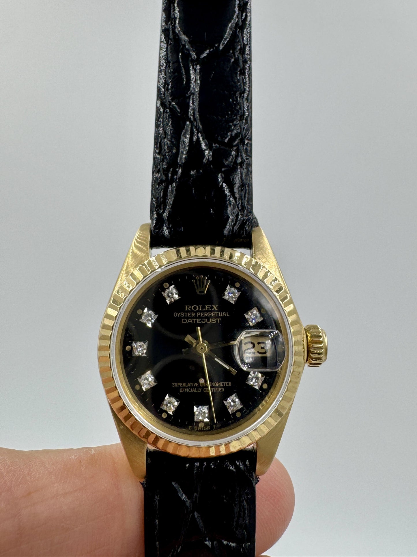 Lady Rolex Datejust Solid 18K Yellow Gold Watch Leather Band Diamond Dial 6917