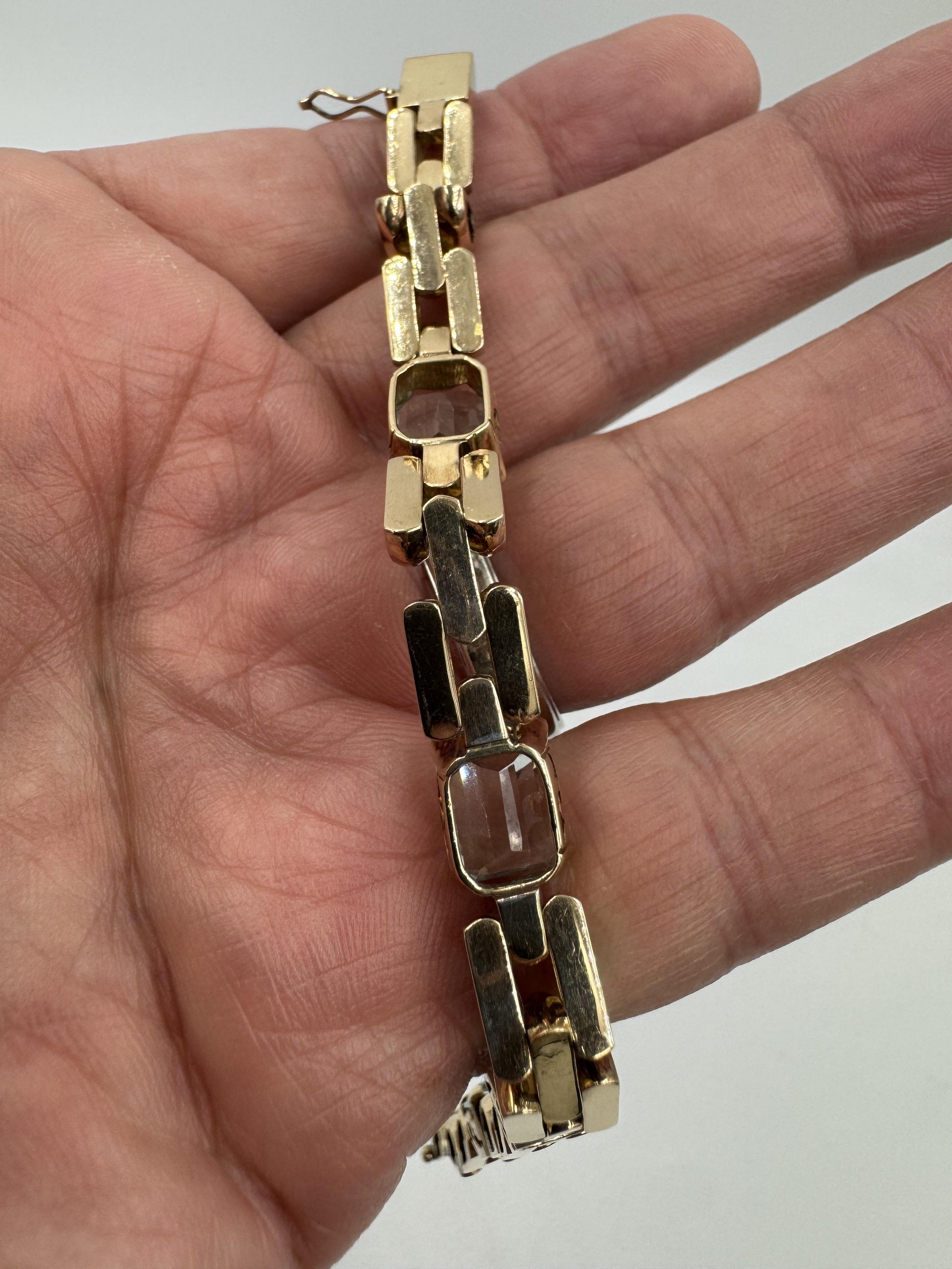 Retro 18k Gold Aquamarine Station Link Bracelet 7.5"