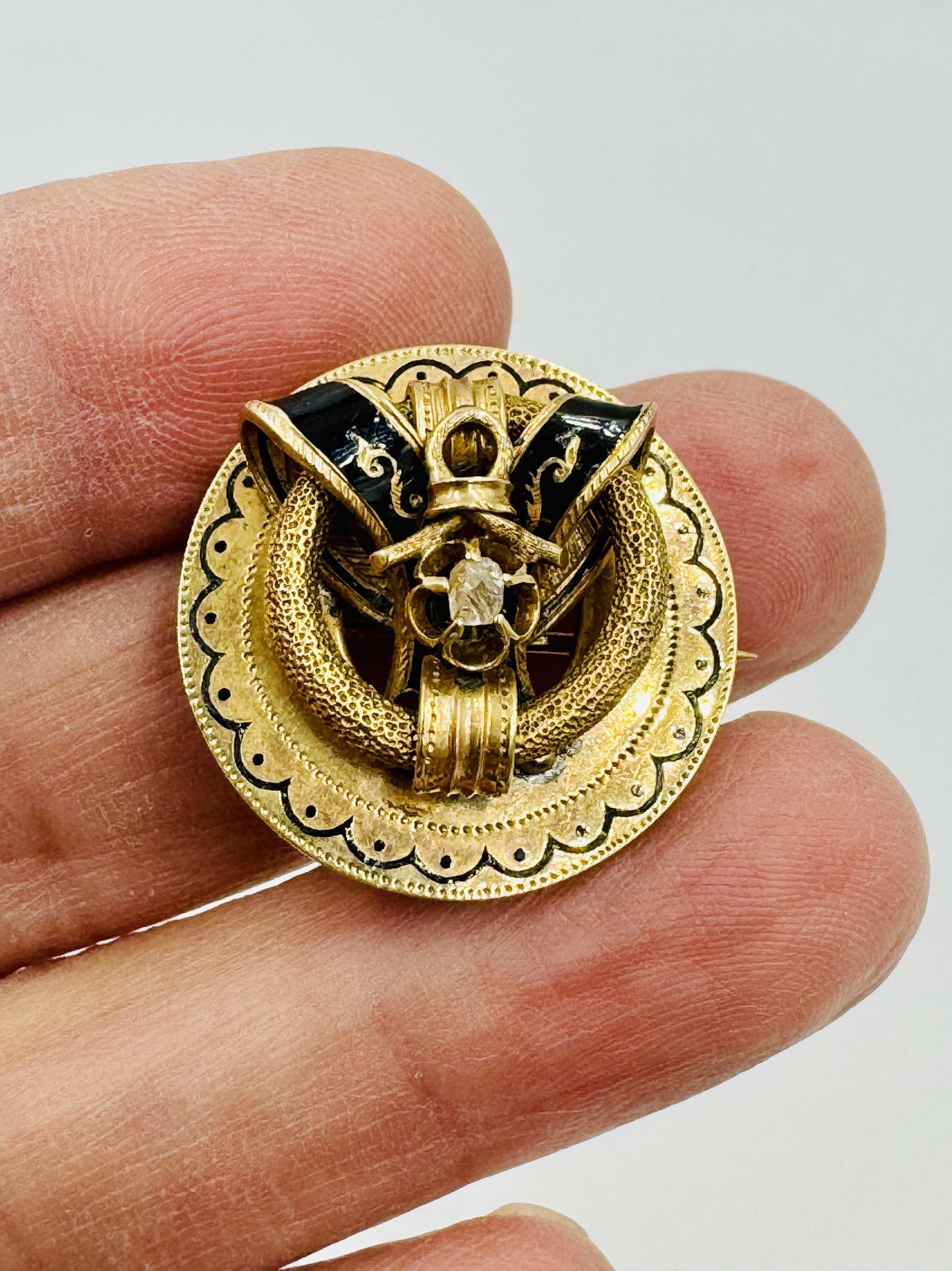 Antique Taille d' epargne 14k 56 Gold Rose Cut Diamond Pin Brooch