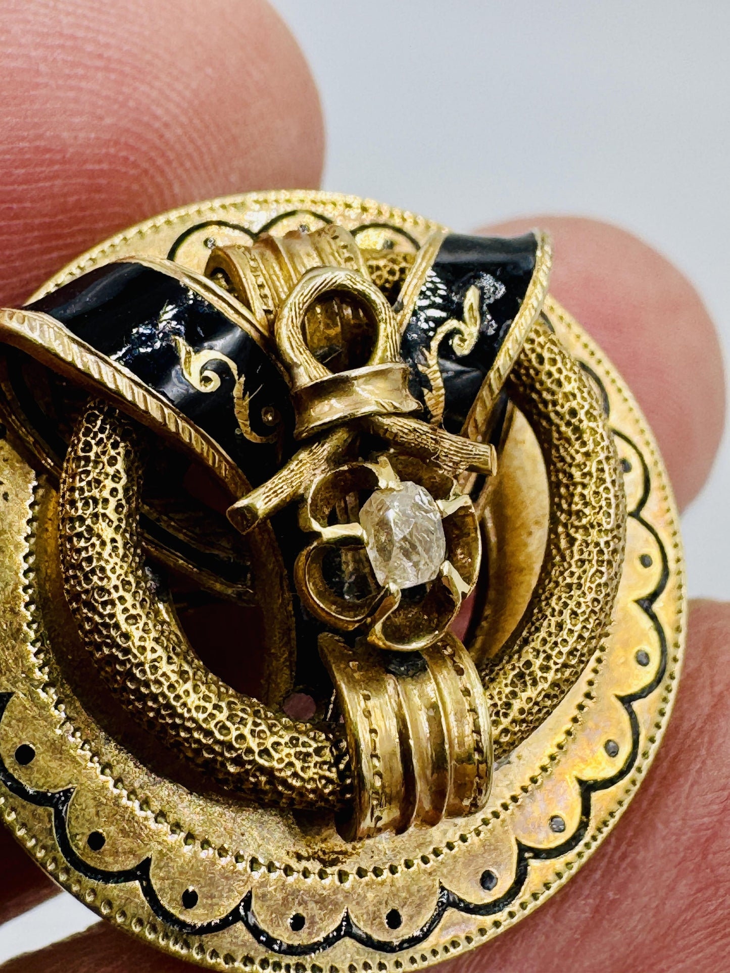 Antique Taille d' epargne 14k 56 Gold Rose Cut Diamond Pin Brooch
