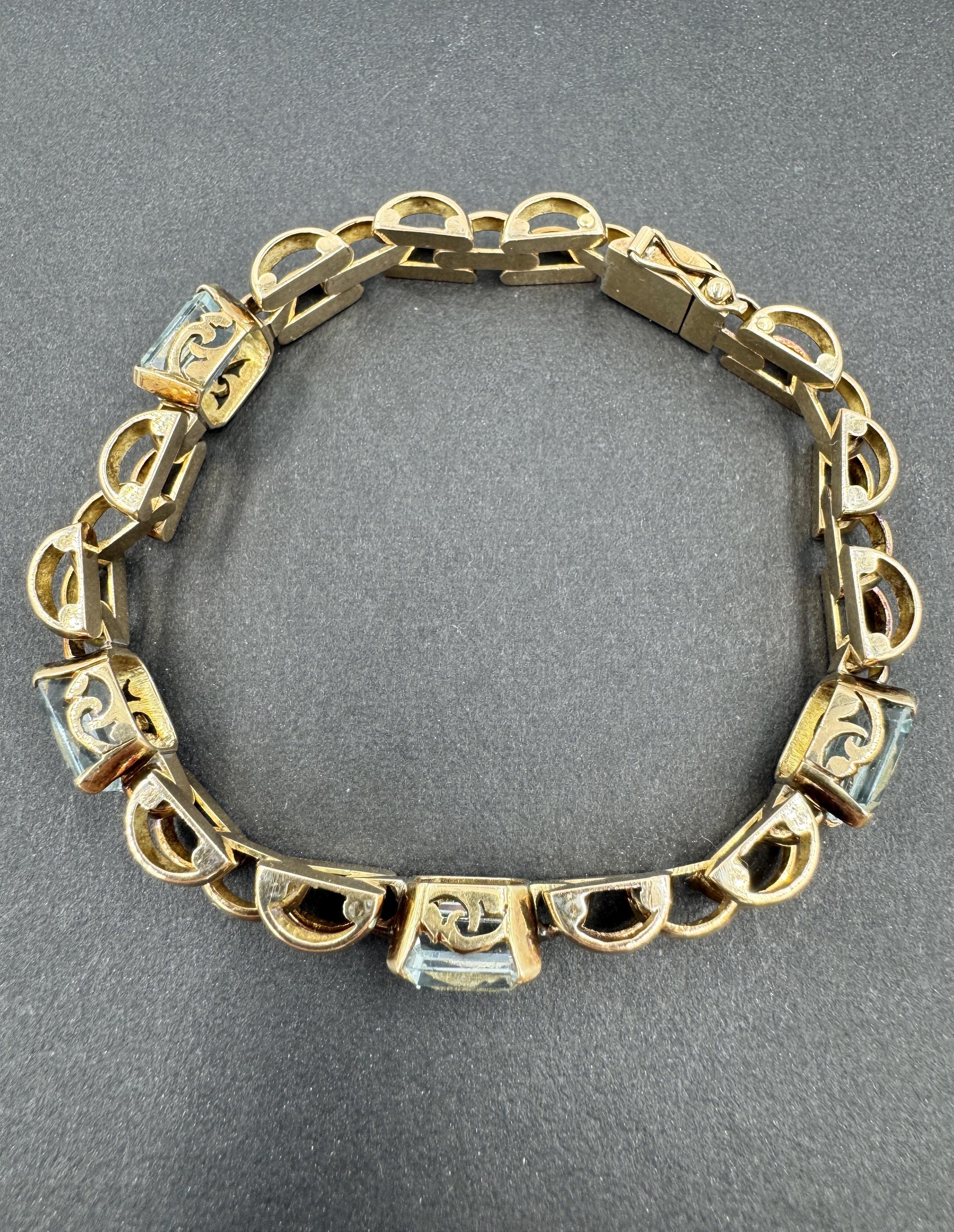 Retro 18k Gold Aquamarine Station Link Bracelet 7.5"