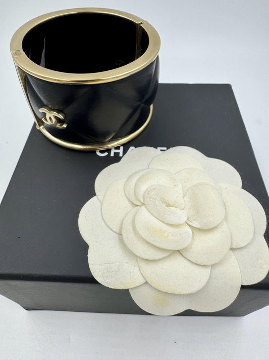Chanel Quilted Leather Wide Cuff Bangle with box