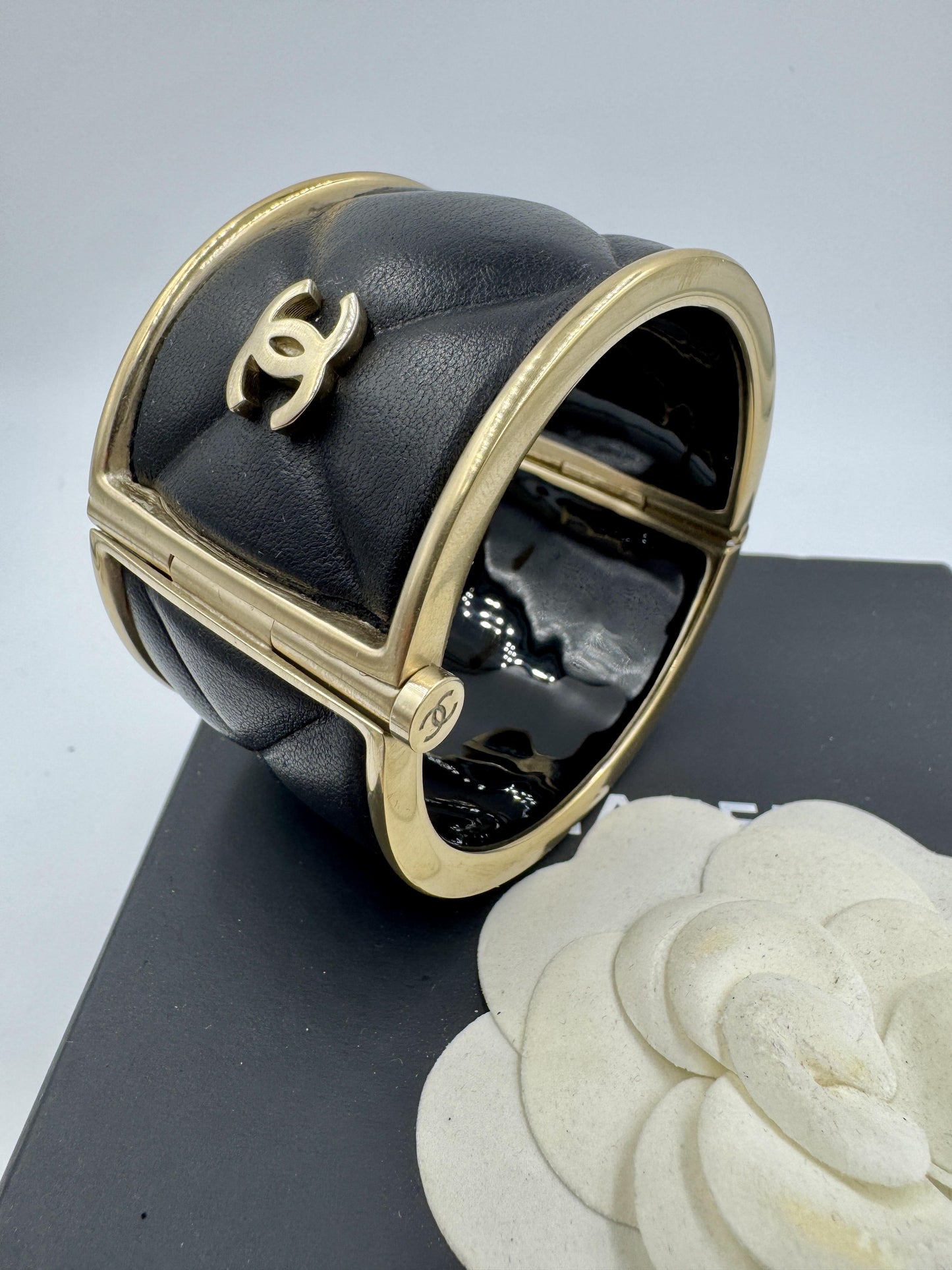 Chanel Quilted Leather Wide Cuff Bangle with box