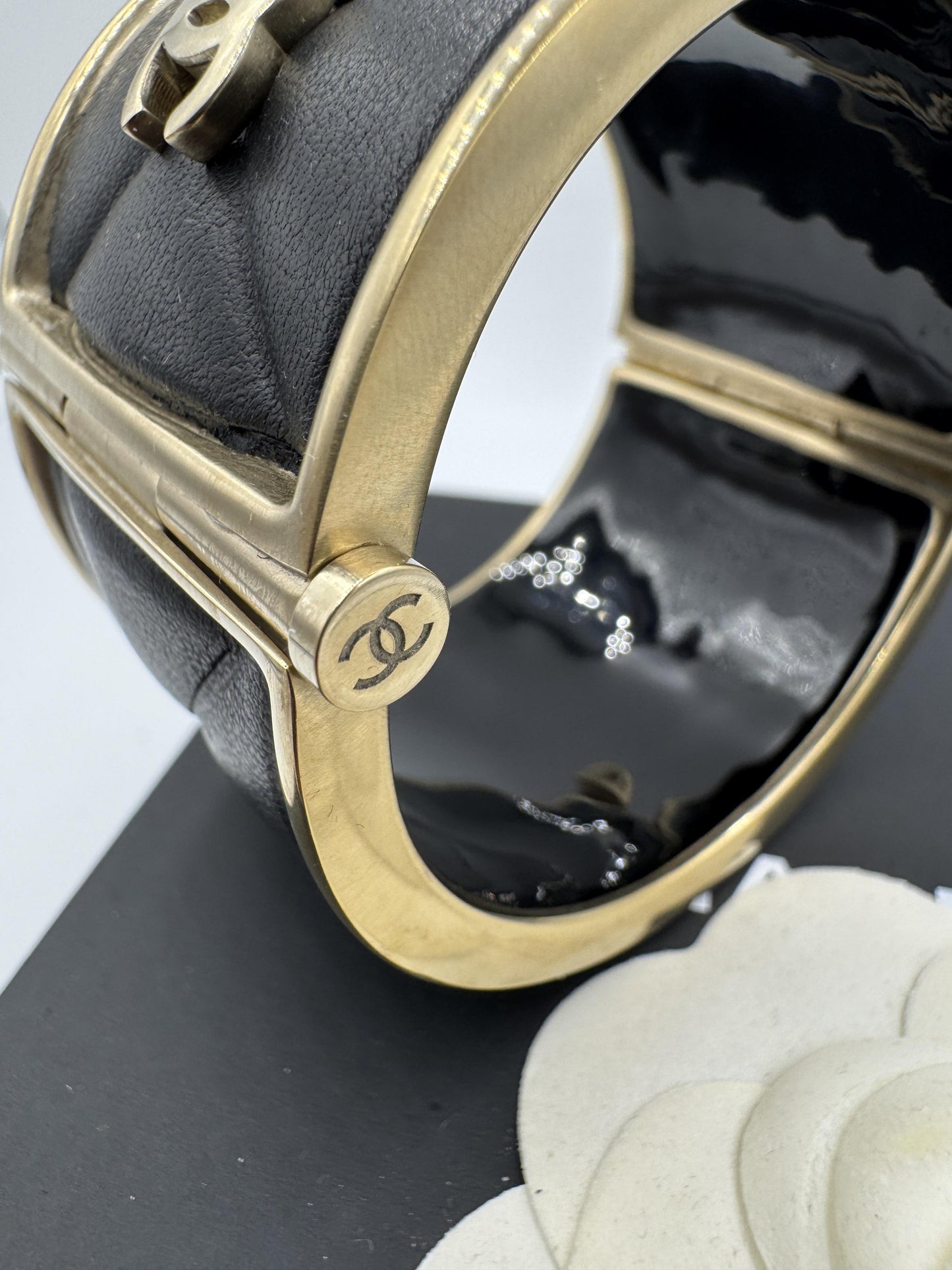 Chanel Quilted Leather Wide Cuff Bangle with box