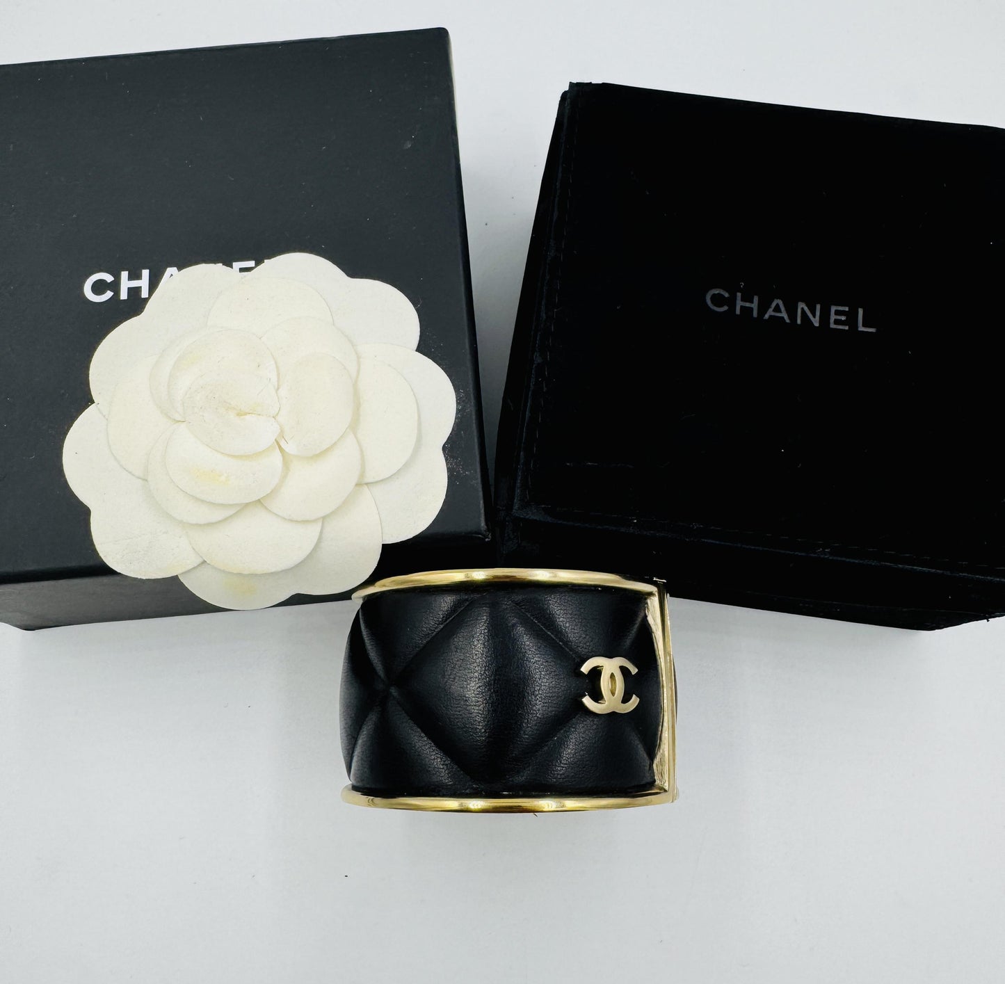 Chanel Quilted Leather Wide Cuff Bangle with box