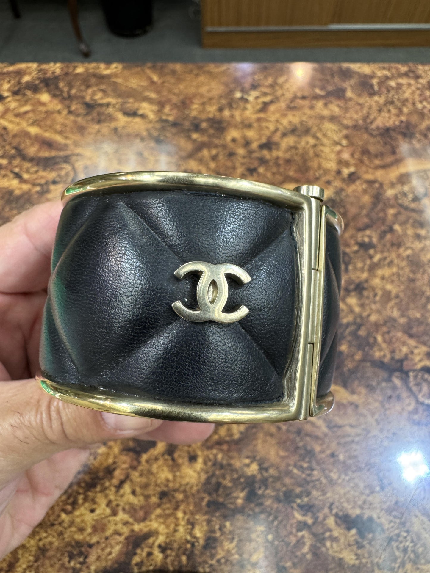 Chanel Quilted Leather Wide Cuff Bangle with box