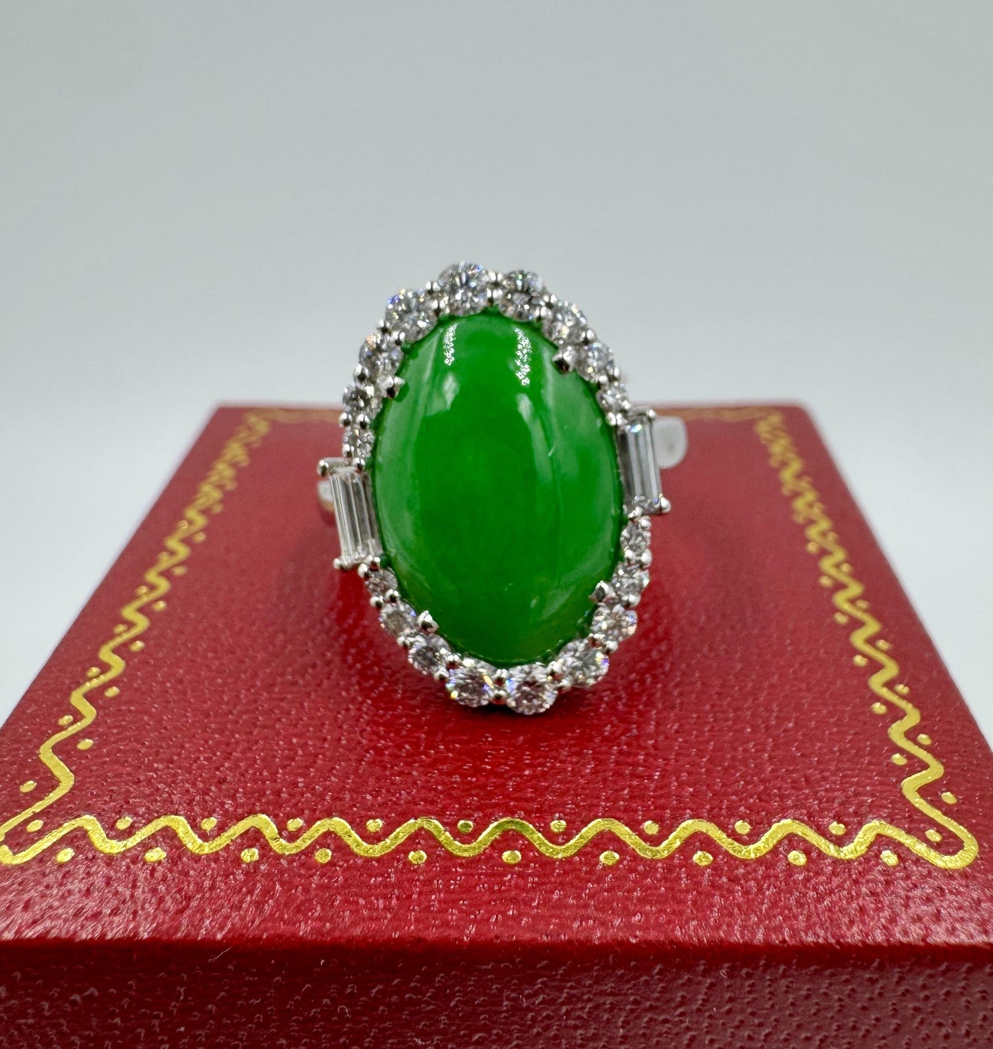 GIA Jade Diamond Halo 18k White Gold Cocktail Ring