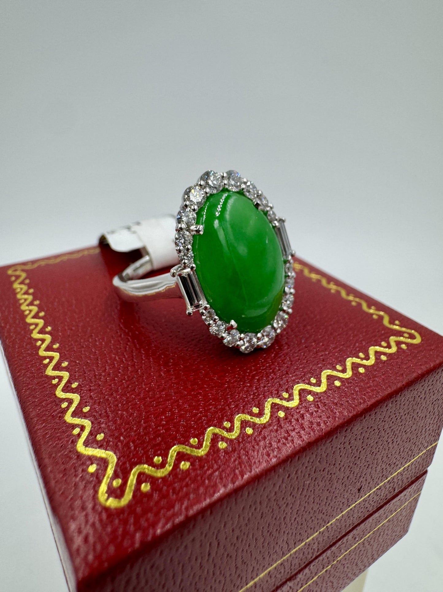 GIA Jade Diamond Halo 18k White Gold Cocktail Ring