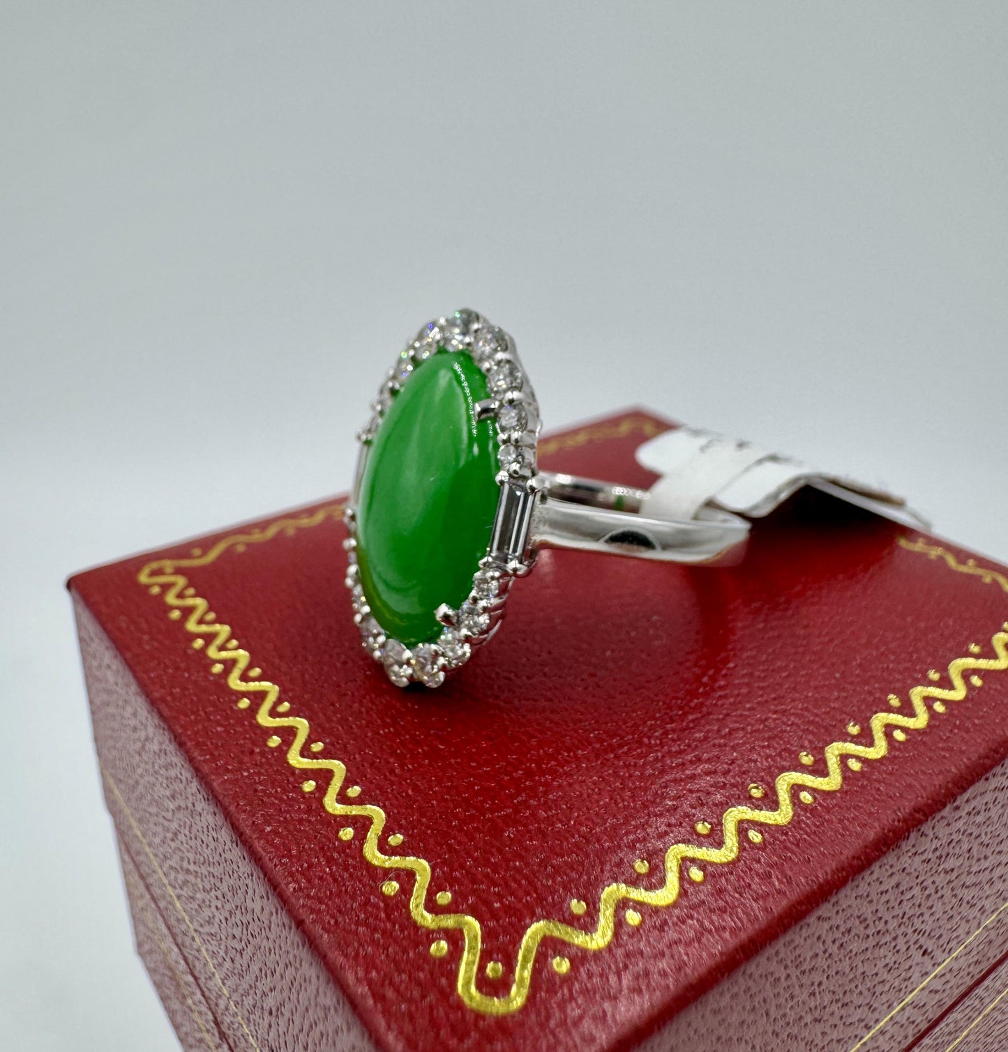 GIA Jade Diamond Halo 18k White Gold Cocktail Ring