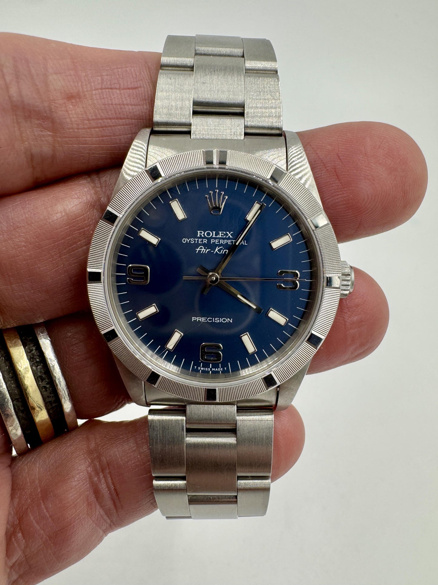 Rolex Air King Mens Stainless Steel Watch Oyster Band Blue Arabic Dial 14010S
