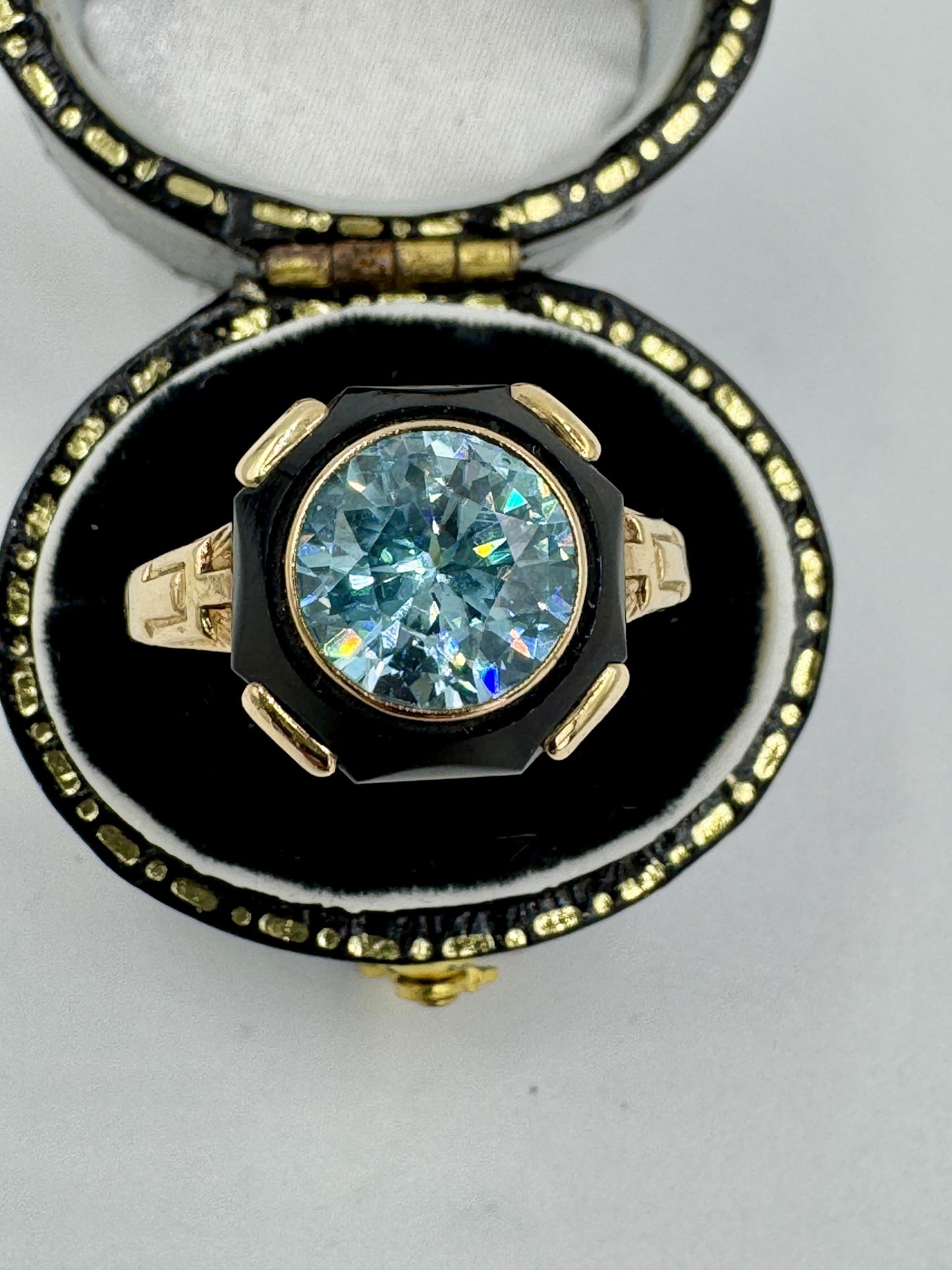 Art Deco Zircon Onyx 10k gold Ring by Church & Co