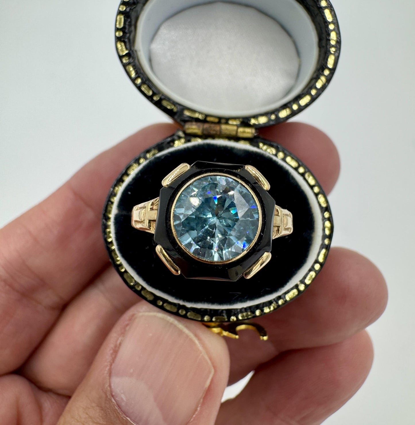 Art Deco Zircon Onyx 10k gold Ring by Church & Co