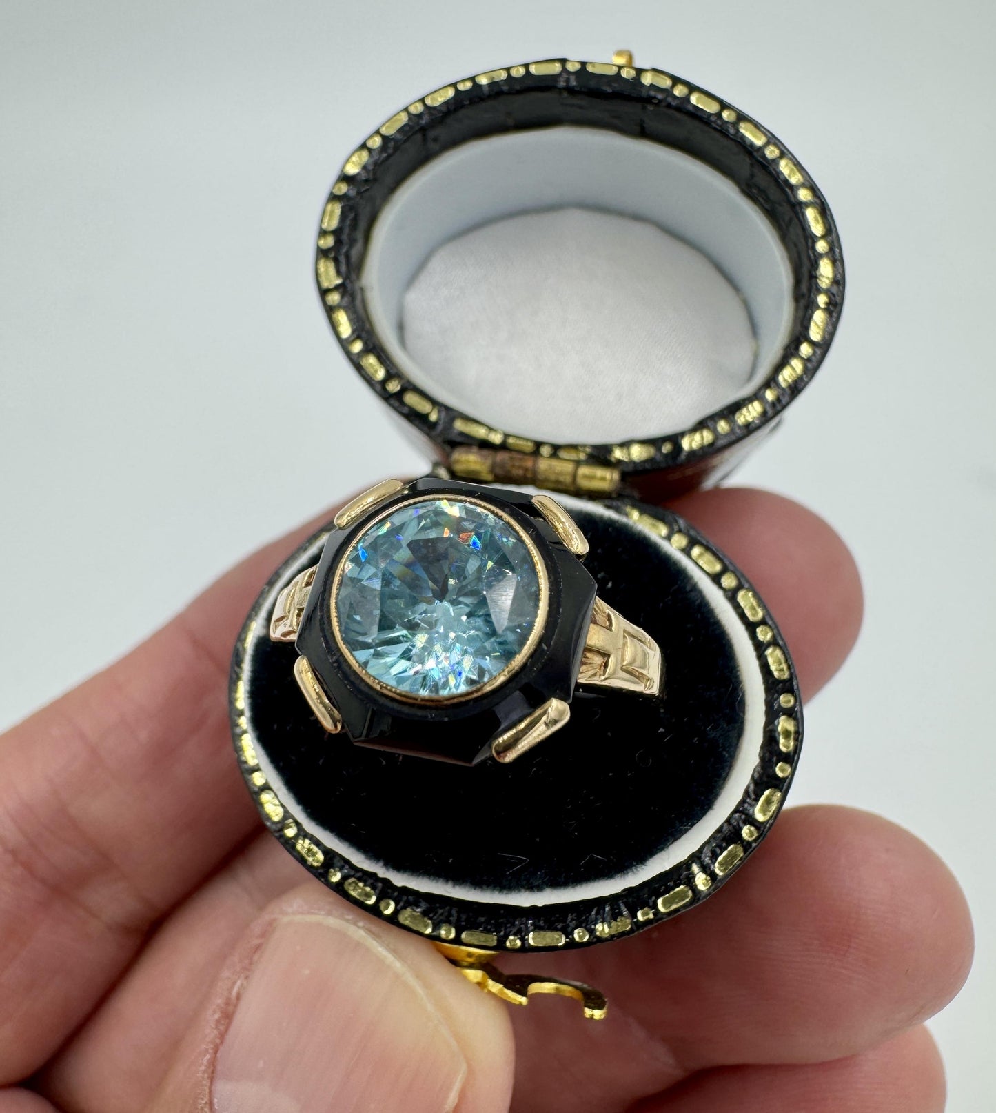 Art Deco Zircon Onyx 10k gold Ring by Church & Co