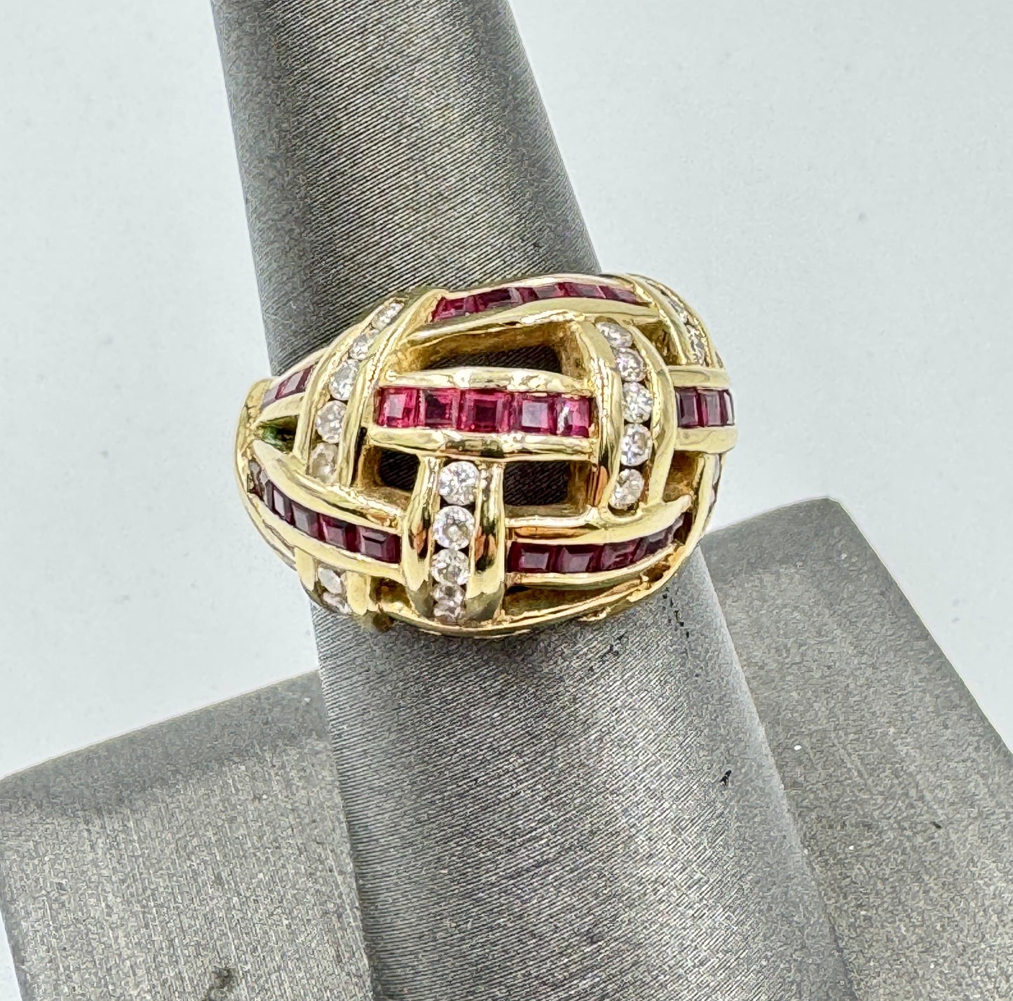 UK 14k Yellow Gold Dimaond and Ruby Dome Ring United Kingdom