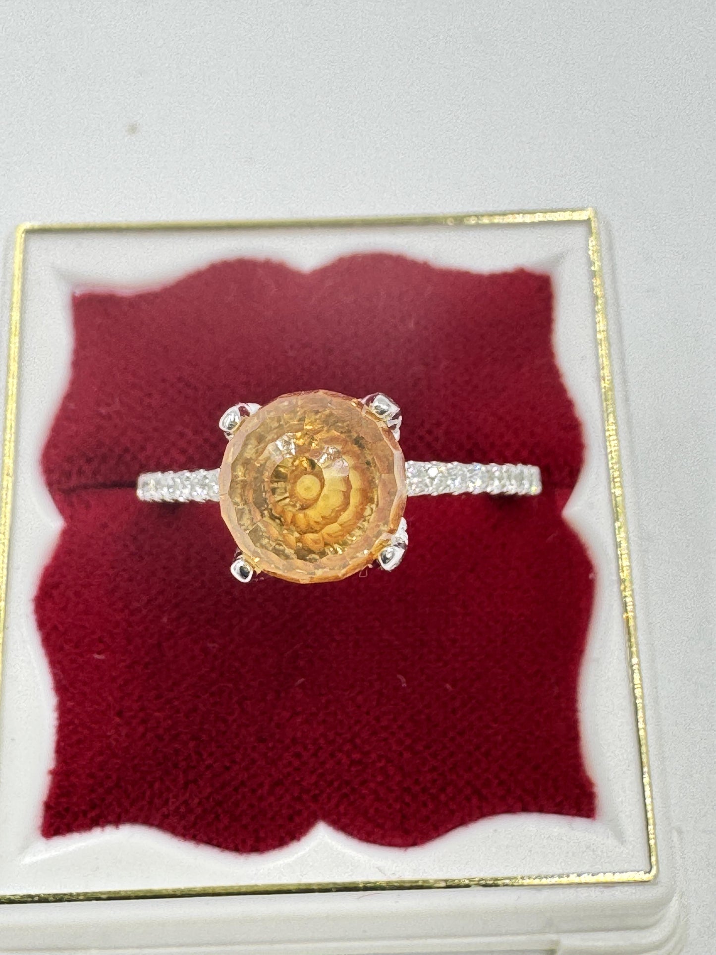 Designer Singed 14k White Gold Citrine Briolette and Diamond Ring