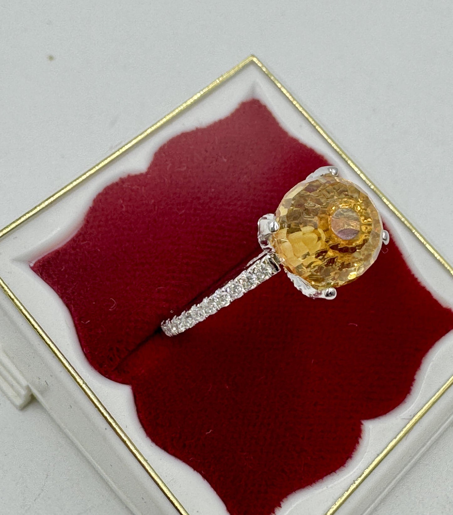 Designer Singed 14k White Gold Citrine Briolette and Diamond Ring
