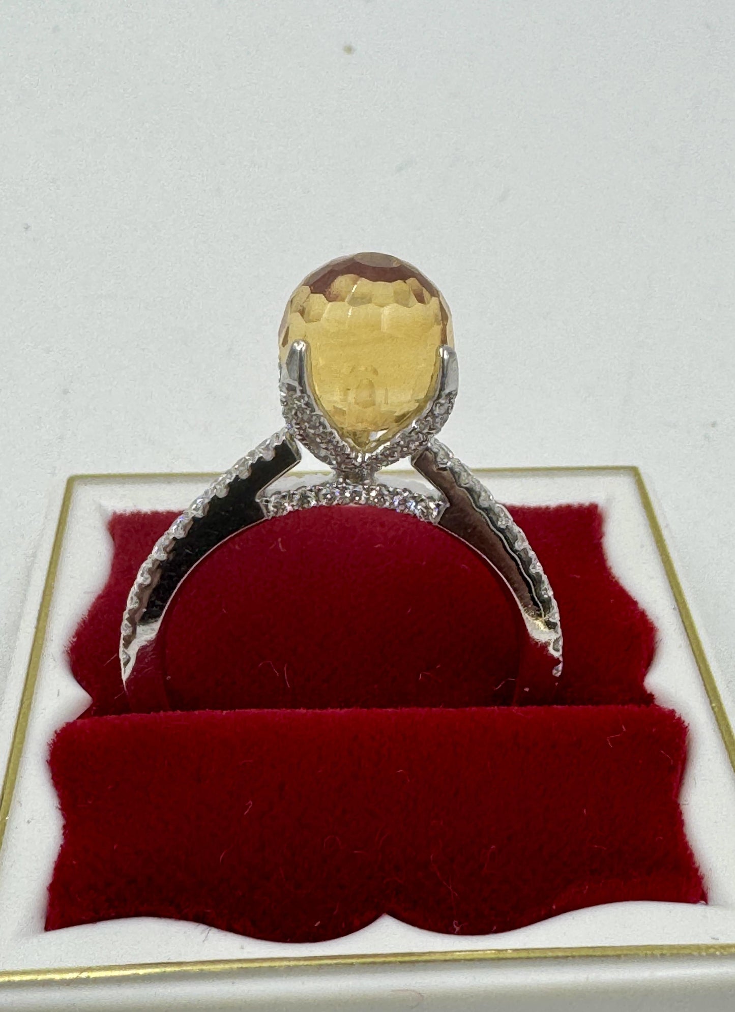 Designer Singed 14k White Gold Citrine Briolette and Diamond Ring