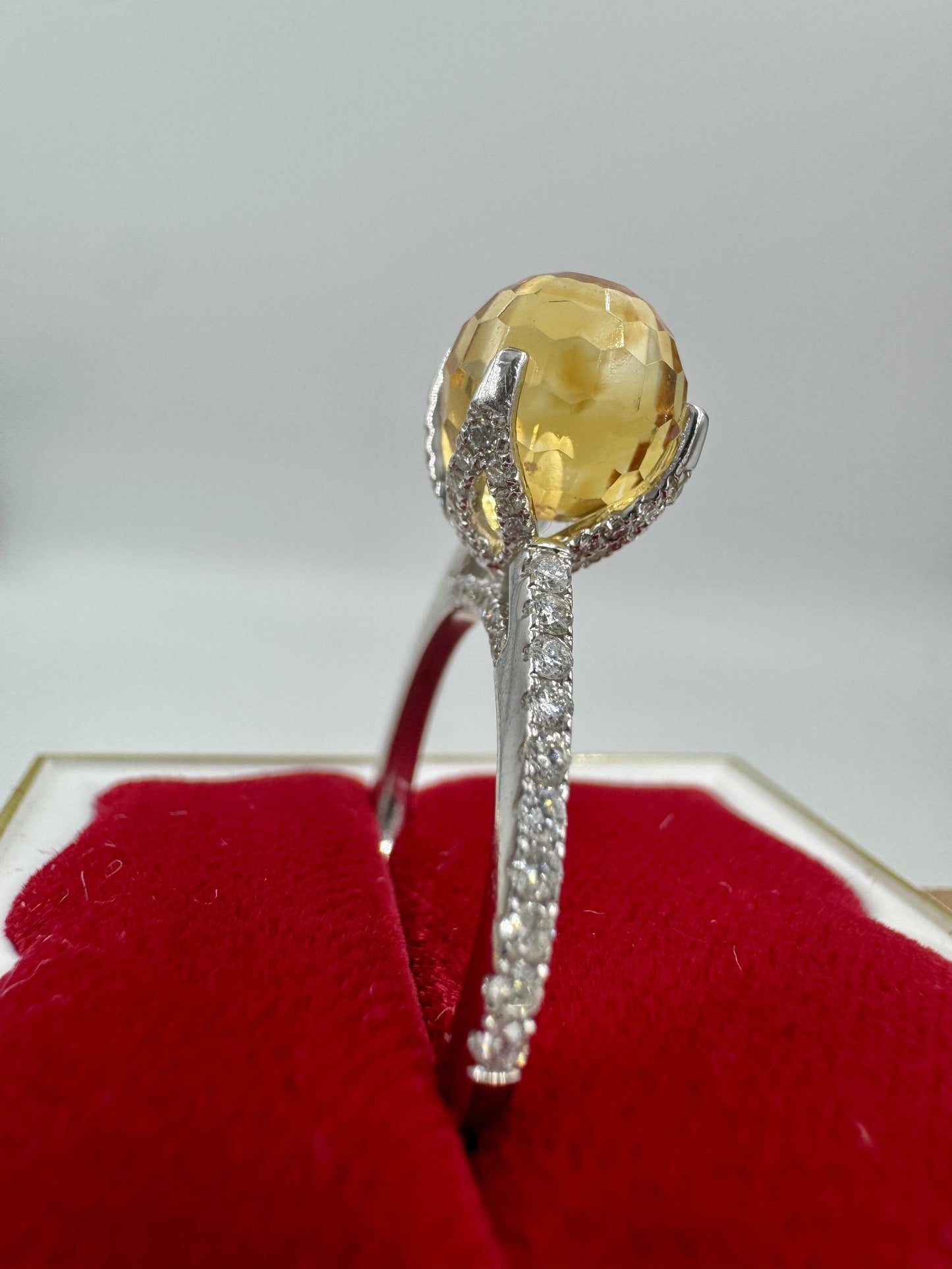 Designer Singed 14k White Gold Citrine Briolette and Diamond Ring