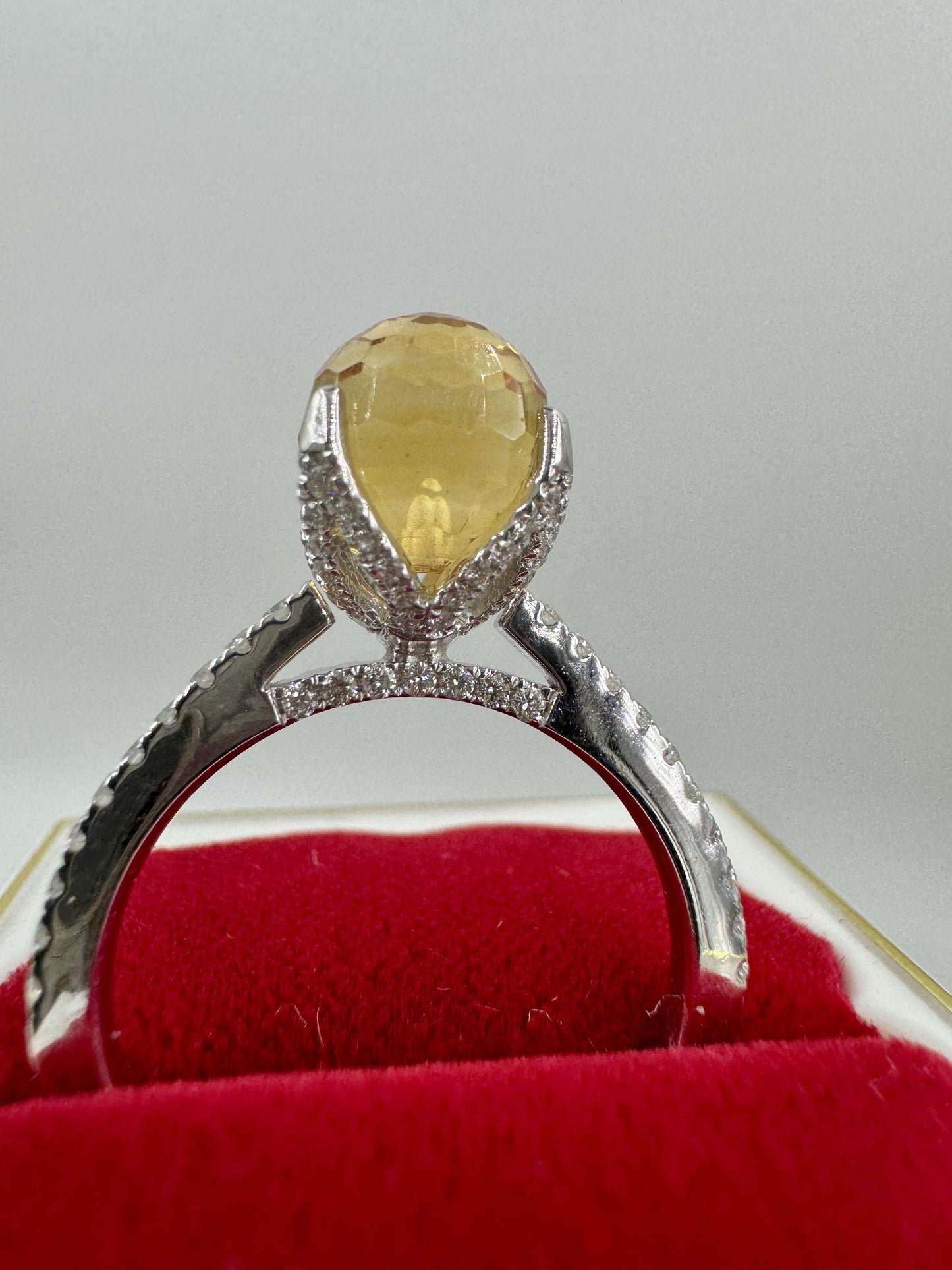 Designer Singed 14k White Gold Citrine Briolette and Diamond Ring
