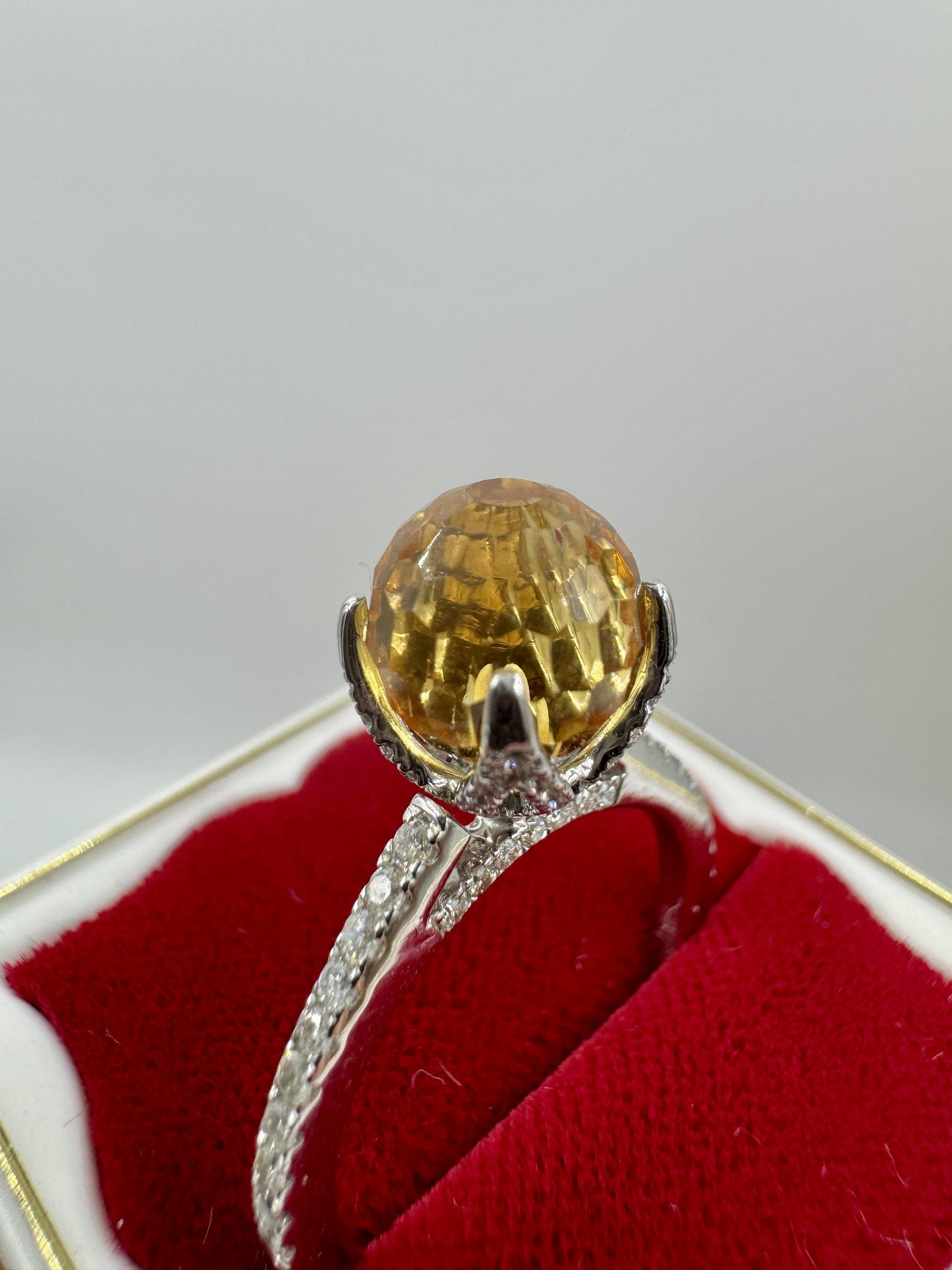 Designer Singed 14k White Gold Citrine Briolette and Diamond Ring