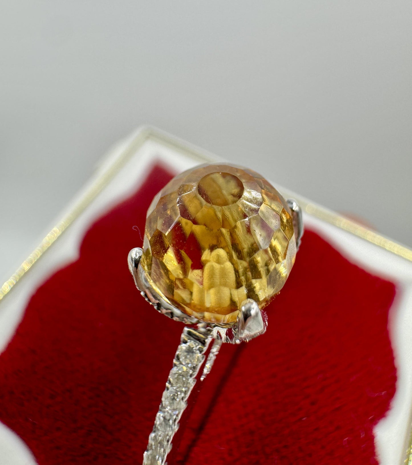 Designer Singed 14k White Gold Citrine Briolette and Diamond Ring