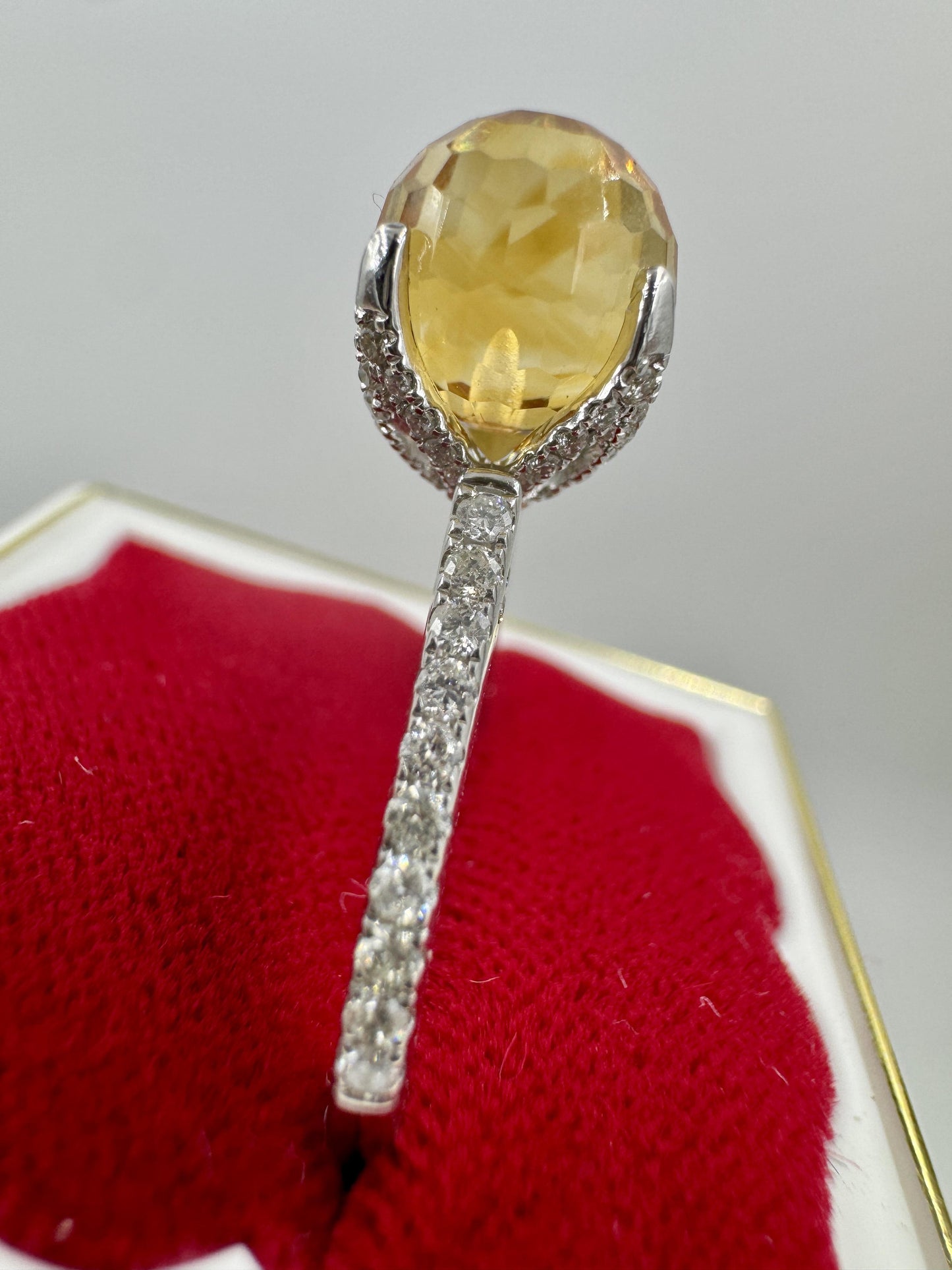 Designer Singed 14k White Gold Citrine Briolette and Diamond Ring