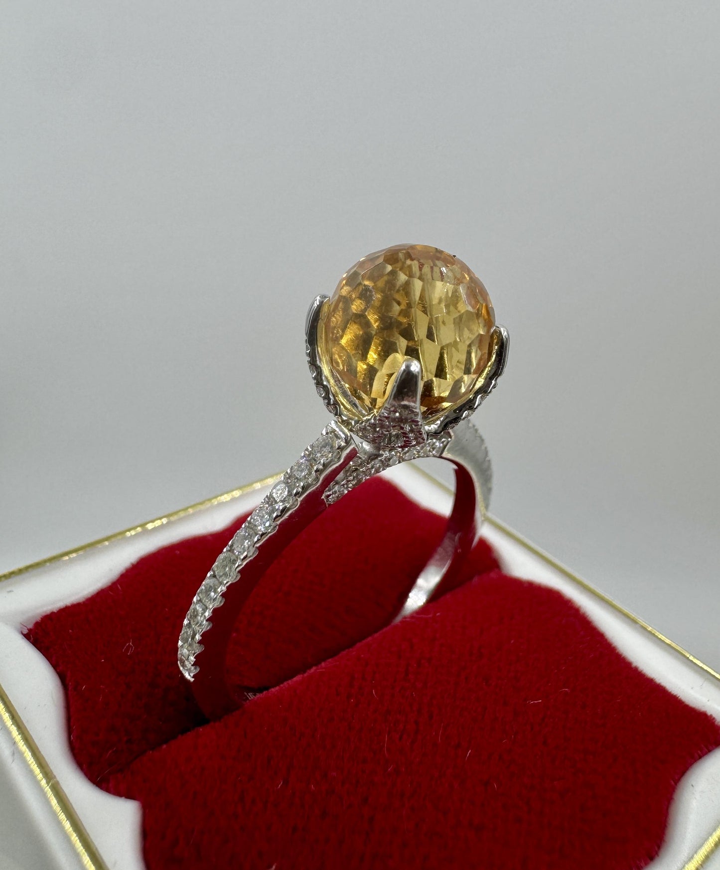Designer Singed 14k White Gold Citrine Briolette and Diamond Ring