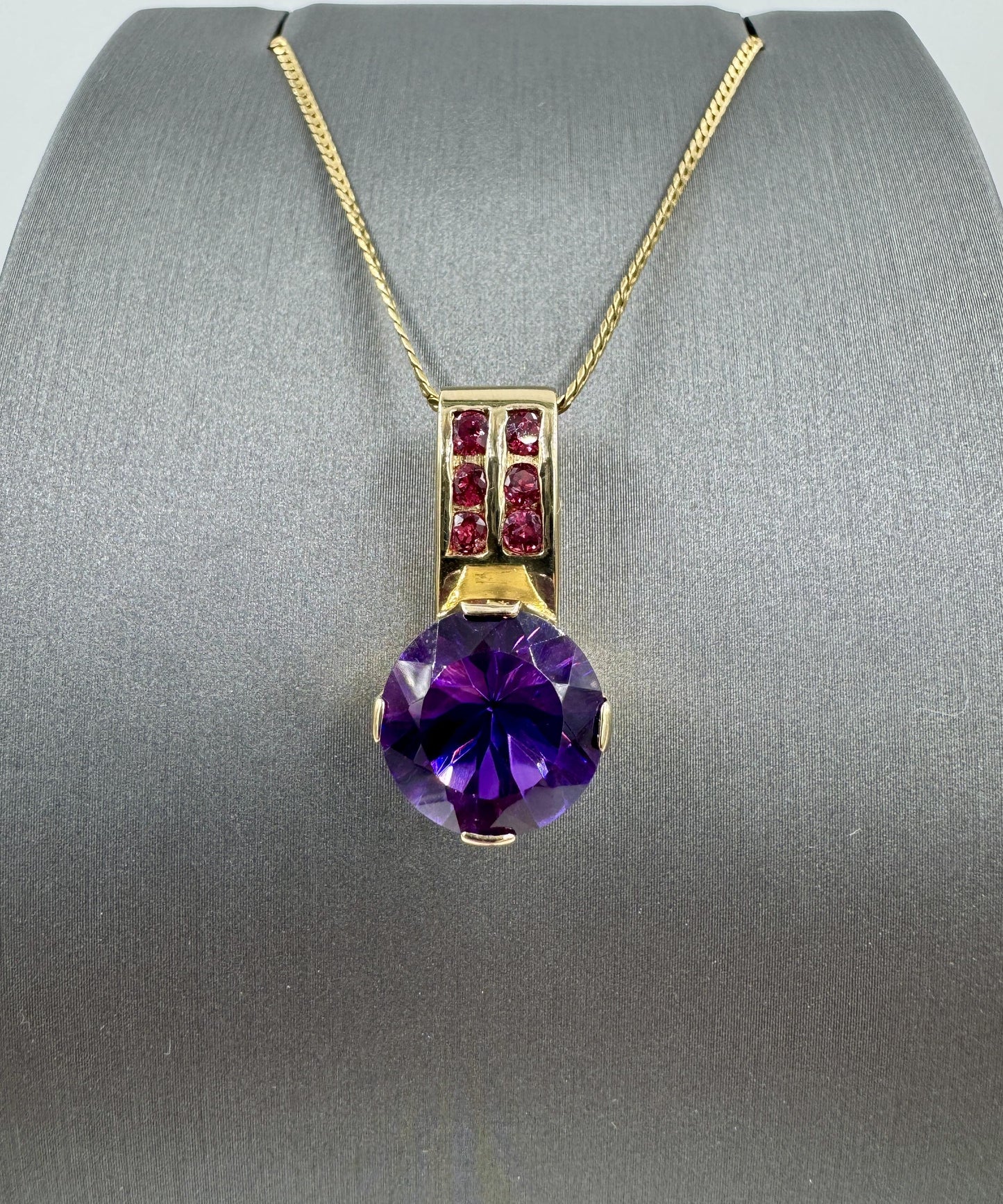 Custom Made 14k Yellow Gold Amethyst and Ruby Pendant Necklace