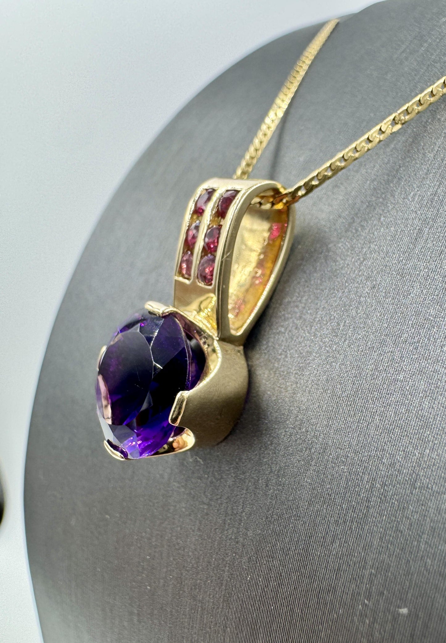 Custom Made 14k Yellow Gold Amethyst and Ruby Pendant Necklace