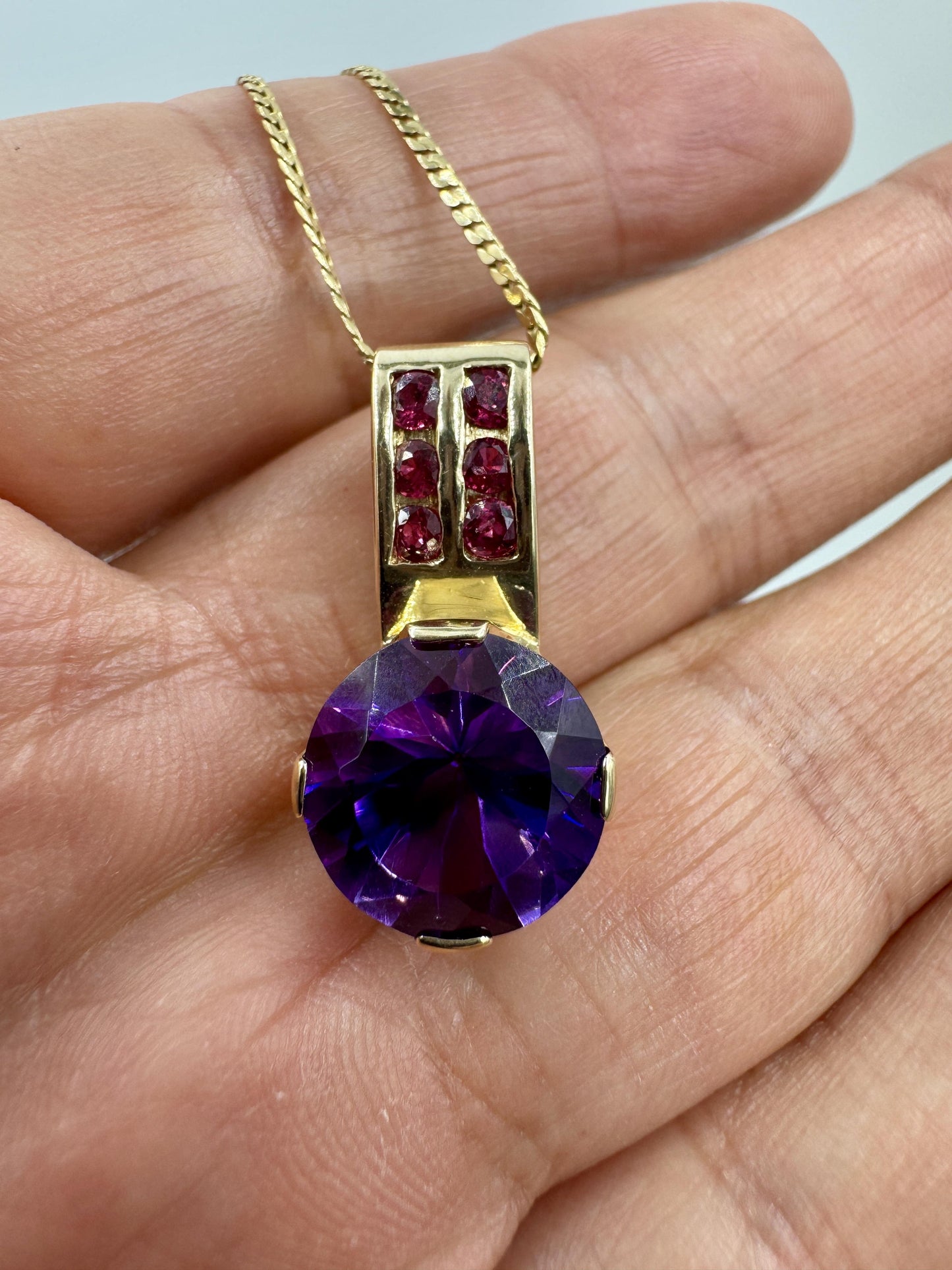 Custom Made 14k Yellow Gold Amethyst and Ruby Pendant Necklace
