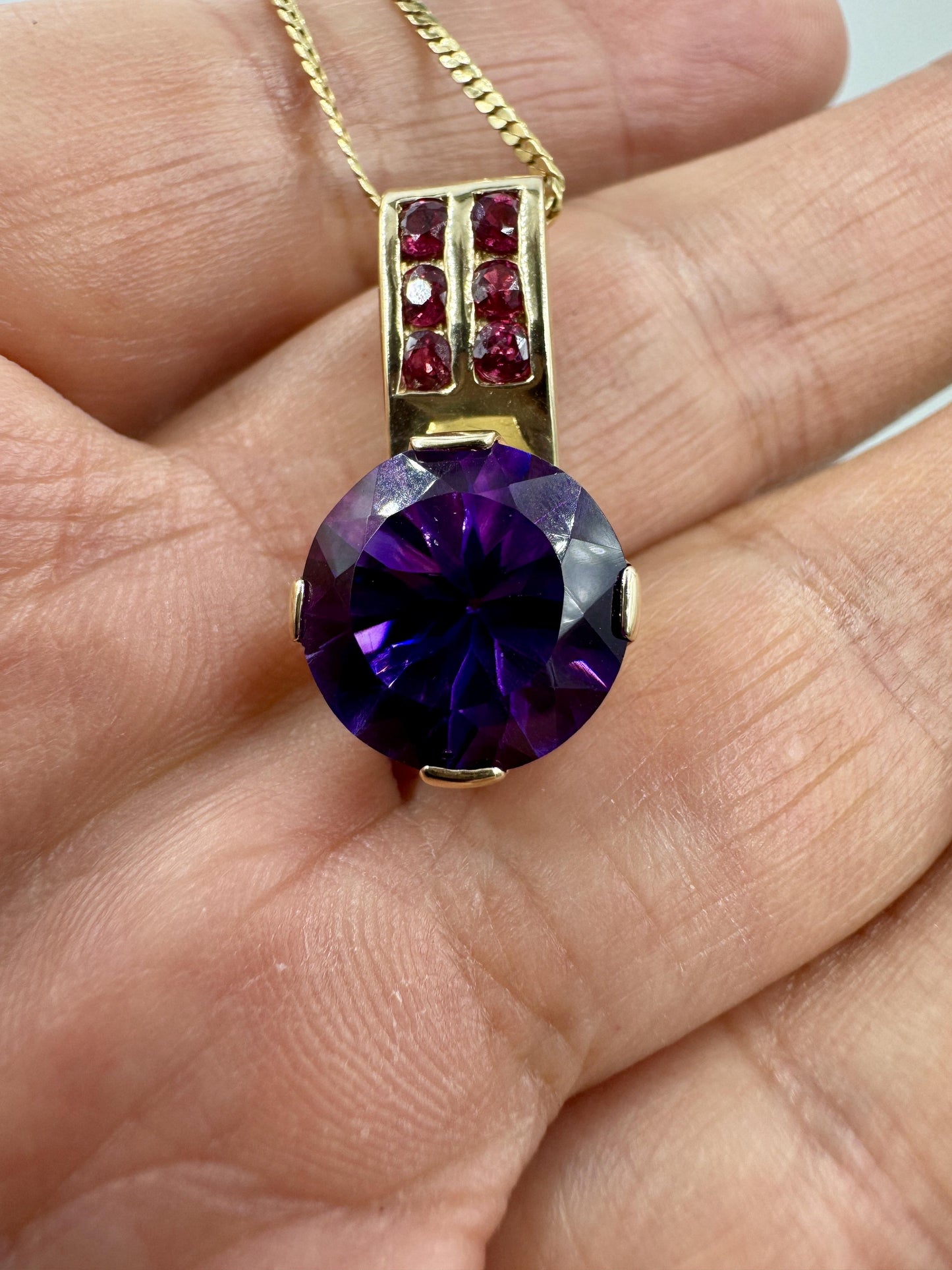 Custom Made 14k Yellow Gold Amethyst and Ruby Pendant Necklace