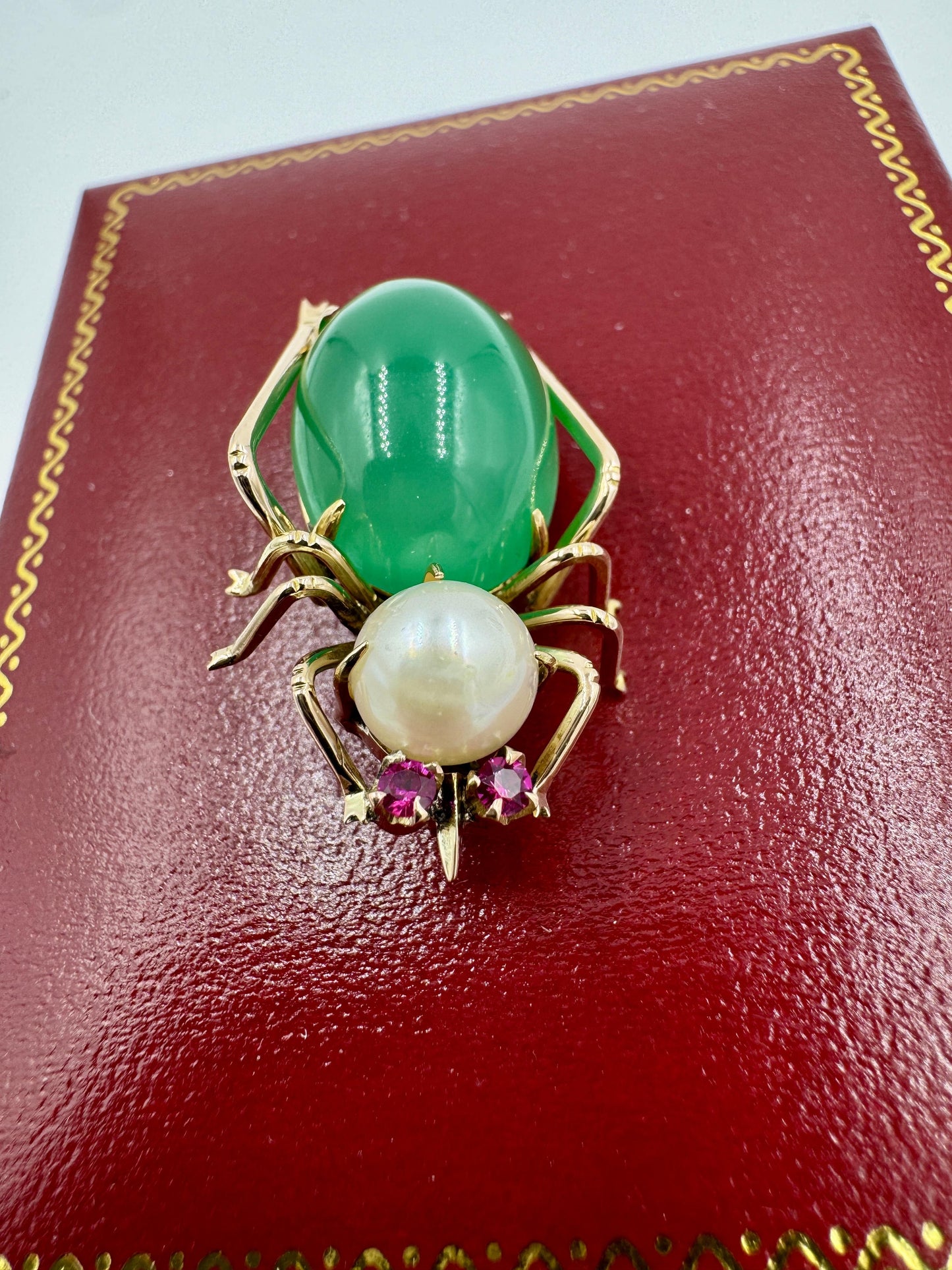 1940's 14k Gold Beatle Chrysoprase Pearl Brooch Pin