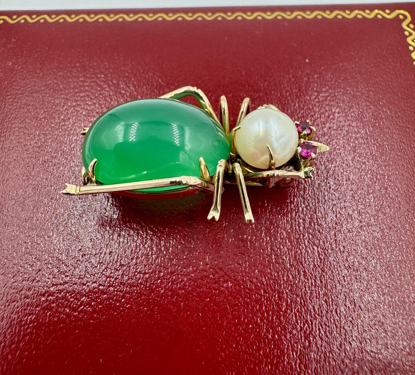 1940's 14k Gold Beatle Chrysoprase Pearl Brooch Pin