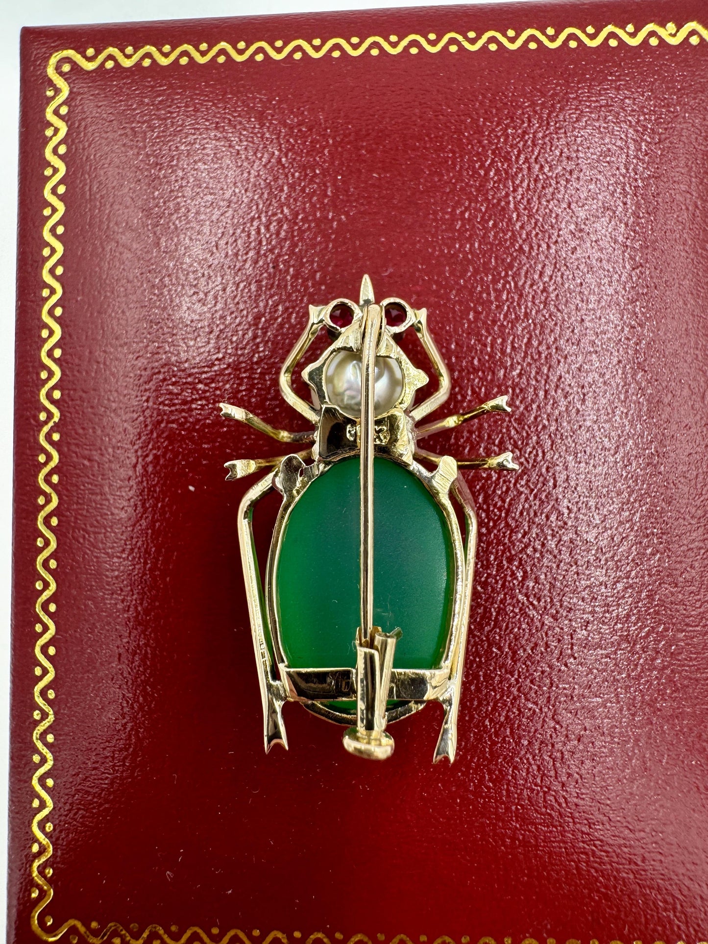 1940's 14k Gold Beatle Chrysoprase Pearl Brooch Pin