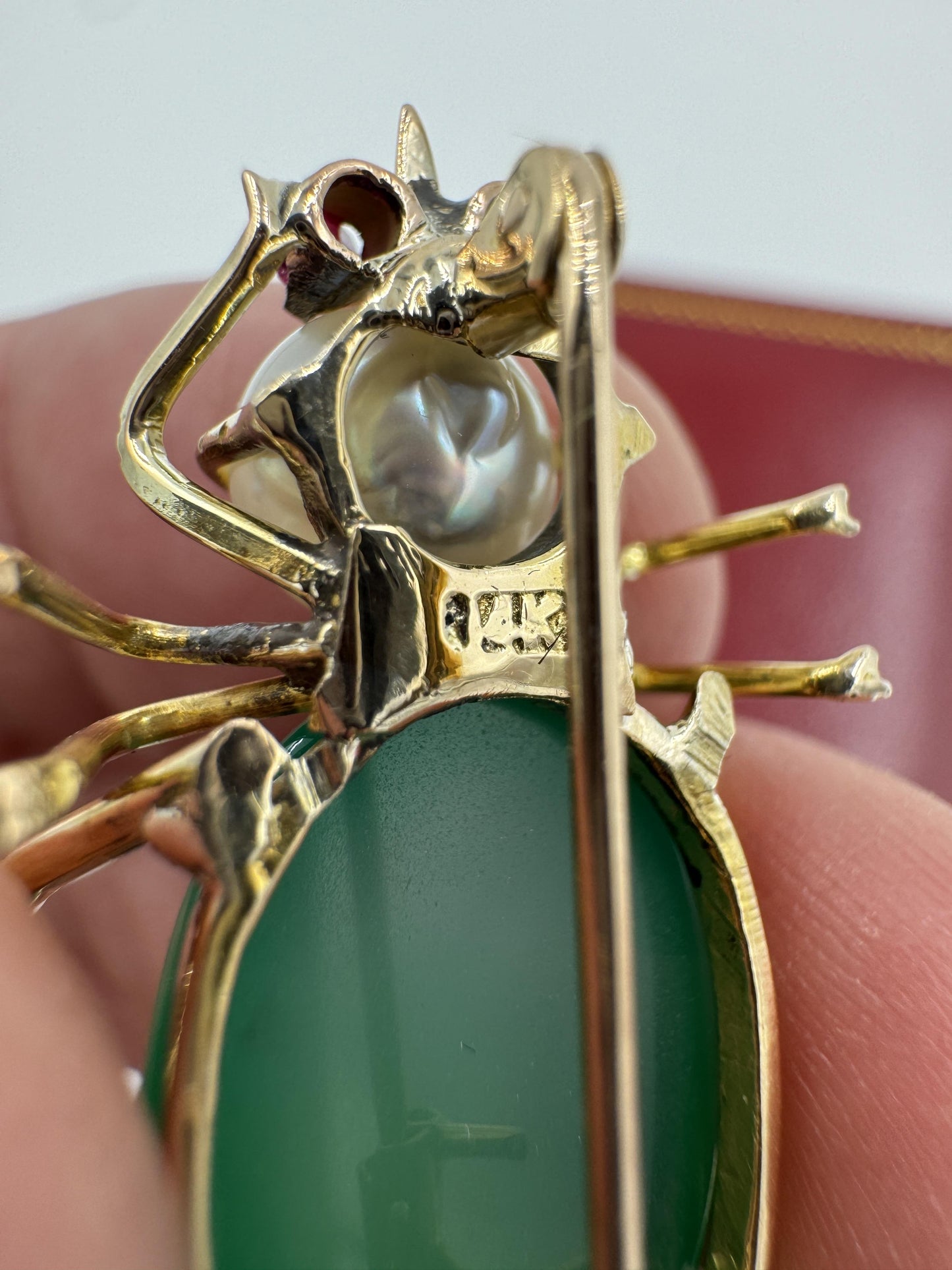 1940's 14k Gold Beatle Chrysoprase Pearl Brooch Pin