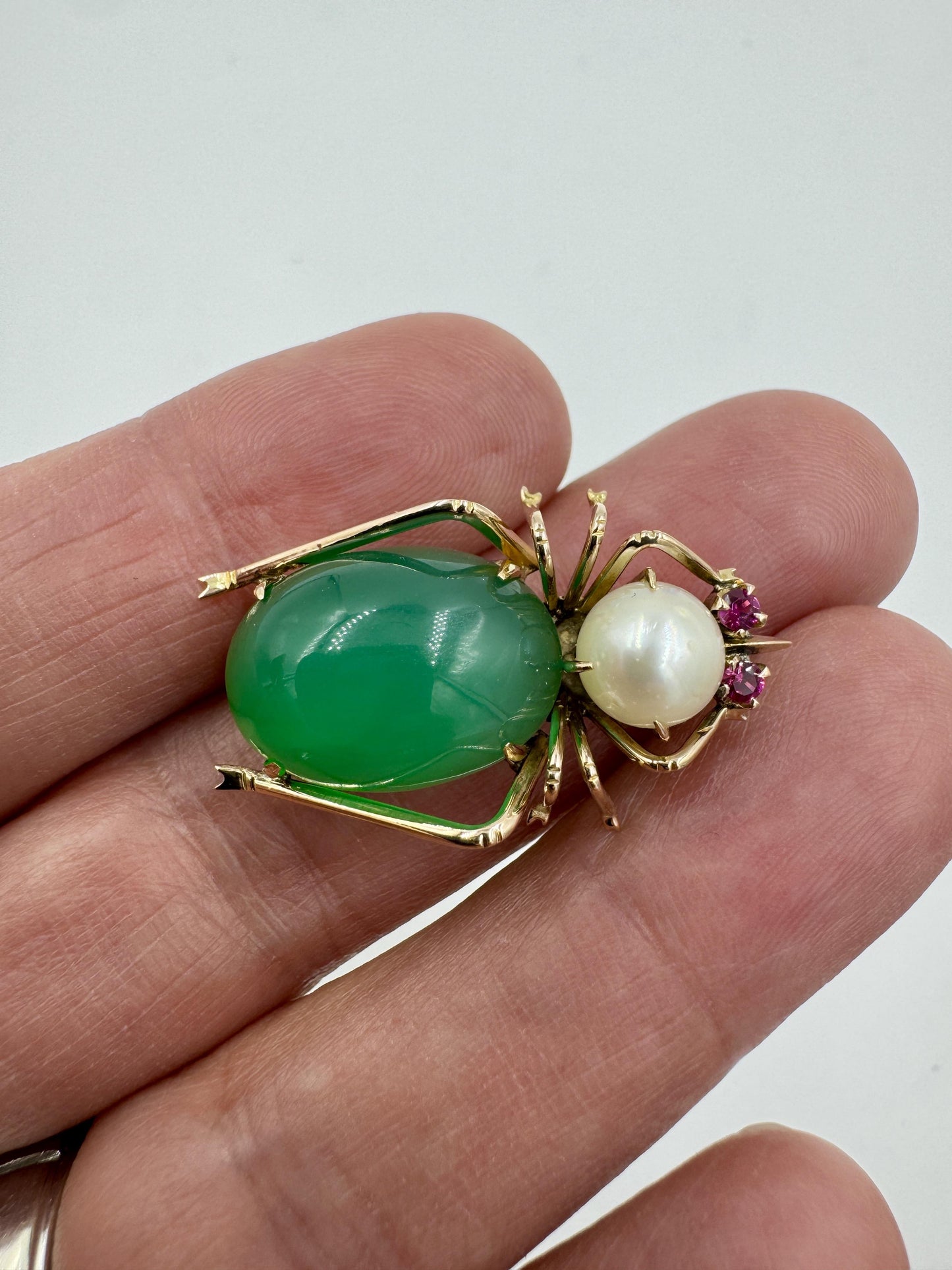 1940's 14k Gold Beatle Chrysoprase Pearl Brooch Pin